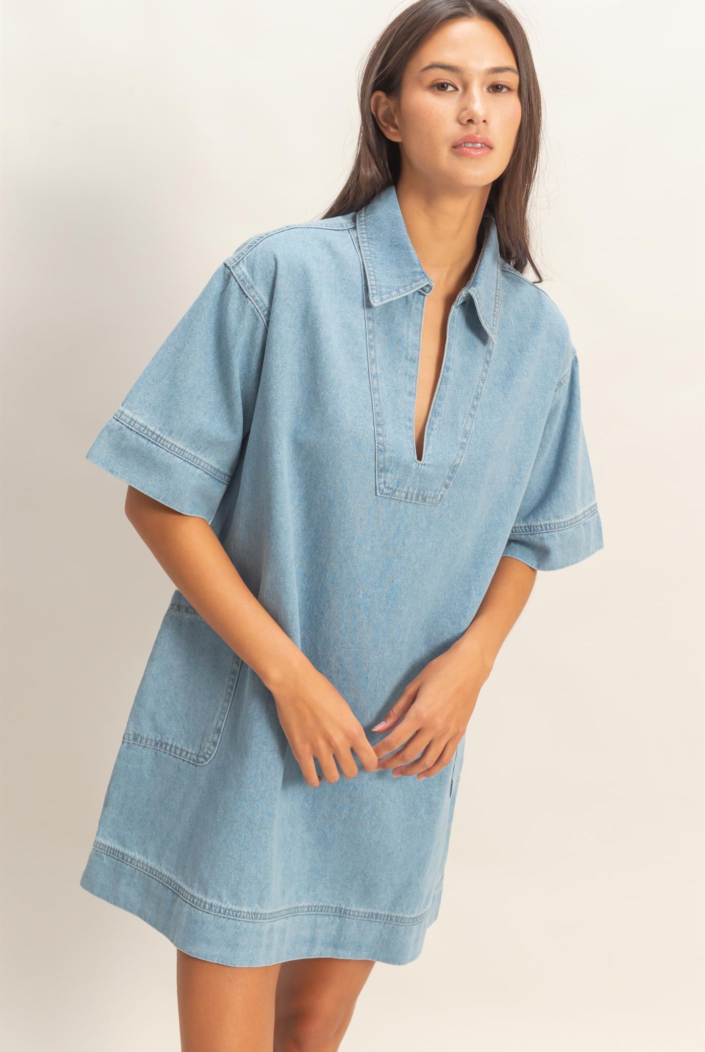 Wholesale Denim Collar Tunic Dress Dresses DZ25F163 LIGHT BLUE DOUBLE ZERO