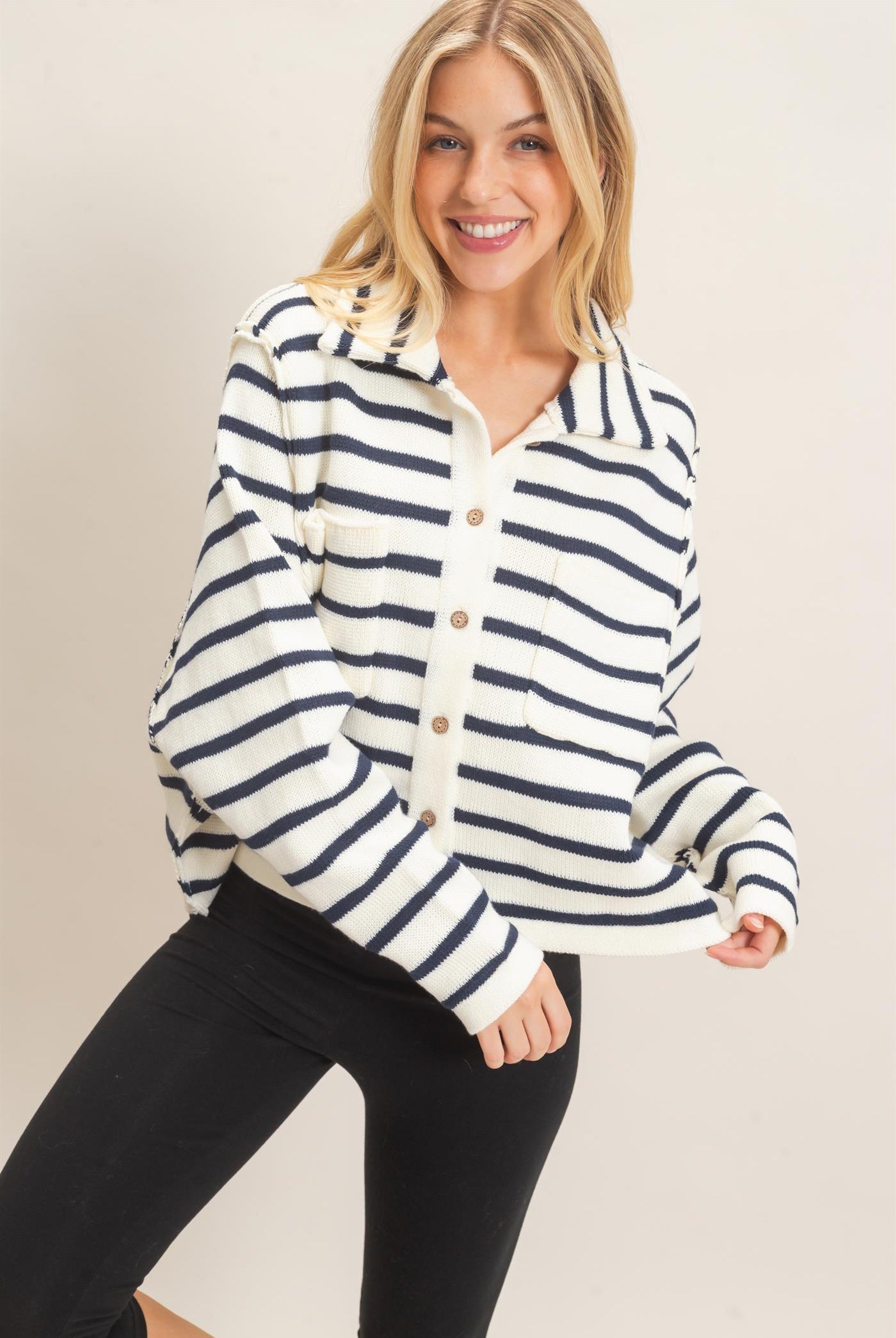 Wholesale Striped Button Front Cardigan Sweaters HF26F197 CREAM HYFVE