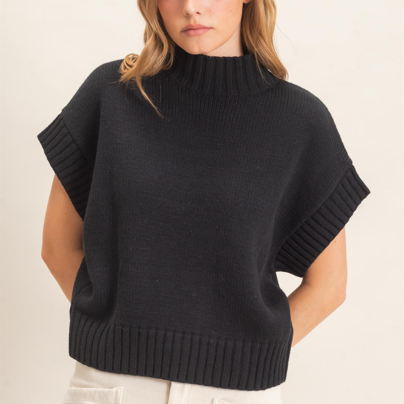 Wholesale Ribbed Mock Neck Sweater Vest Sweaters HF26F186-D BLACK HYFVE