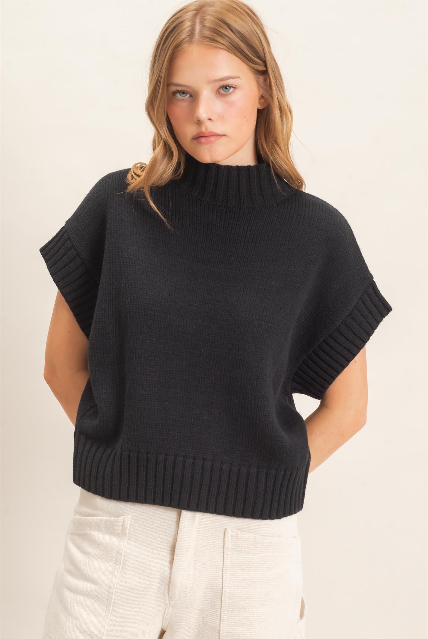 Wholesale Ribbed Mock Neck Sweater Vest Sweaters HF26F186-D BLACK HYFVE