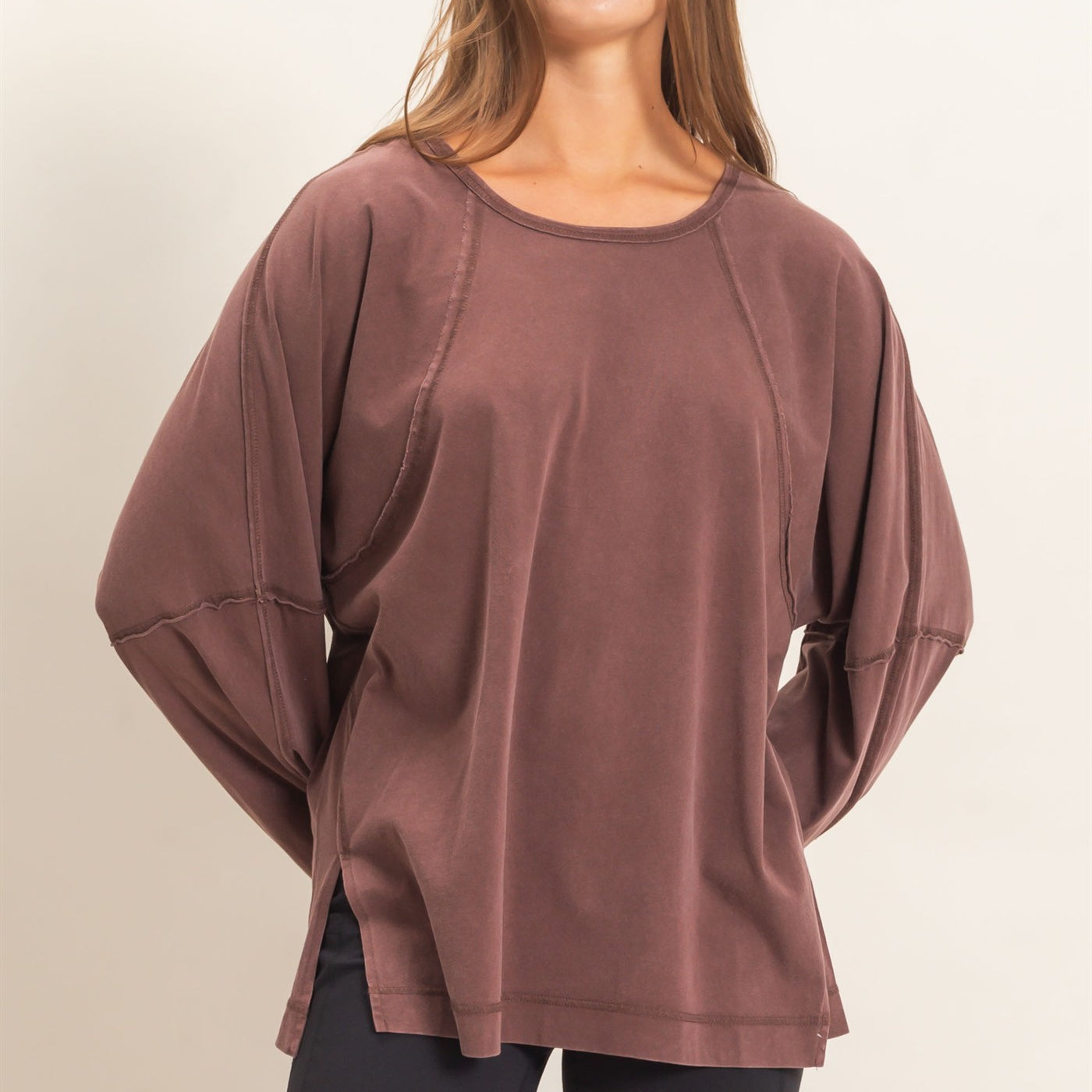 Wholesale Raglan Sleeve Snow Wash Top Shirts DZ26E945 DARK BROWN DOUBLE ZERO