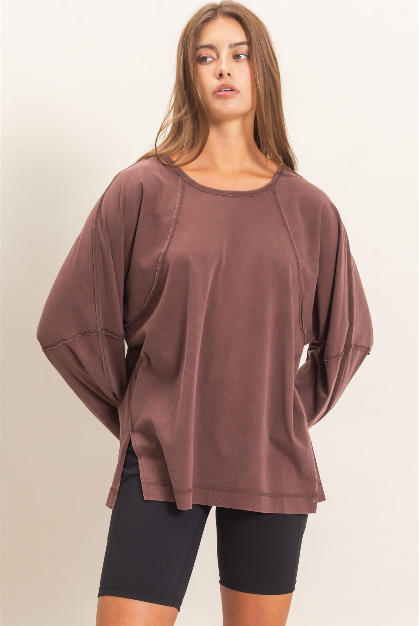 Wholesale Raglan Sleeve Snow Wash Top Shirts DZ26E945 DARK BROWN DOUBLE ZERO