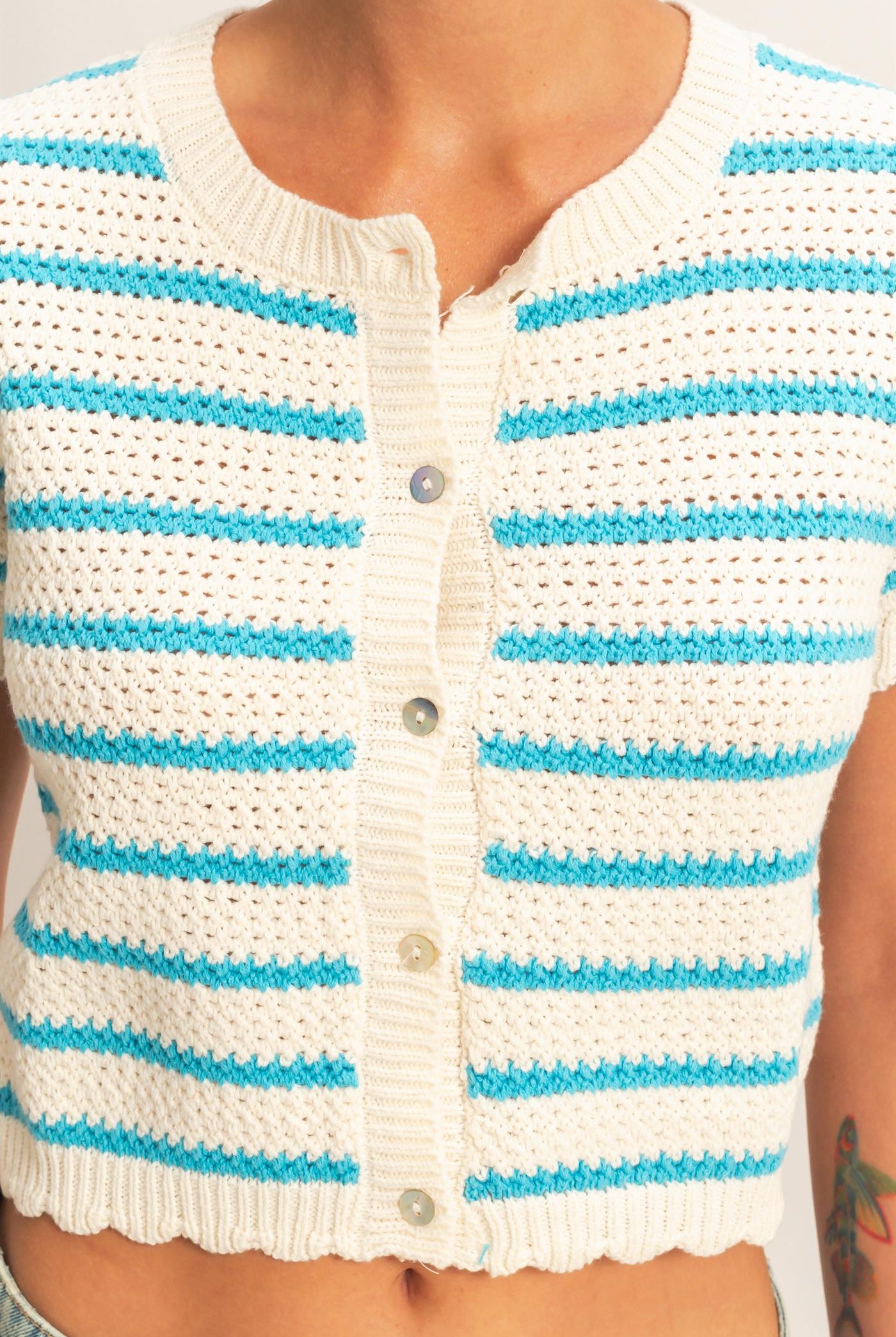Wholesale Striped Short Sleeve Cardigan With Scallop Edge Cardigans DZ26A605 BLUE DOUBLE ZERO