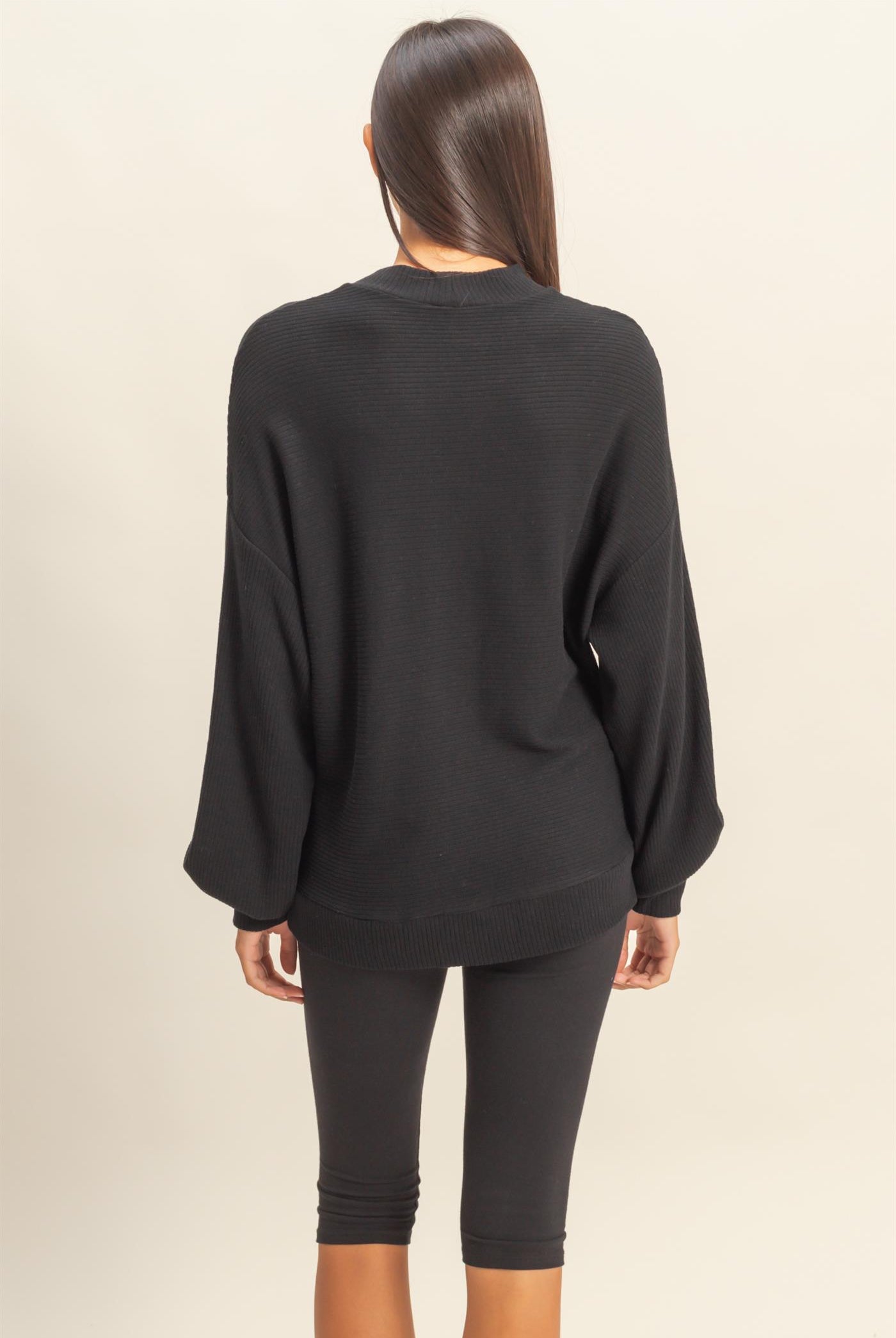 Wholesale Ribbed Balloon Sleeve Top Clothing Tops DZ24A099 BLACK DOUBLE ZERO