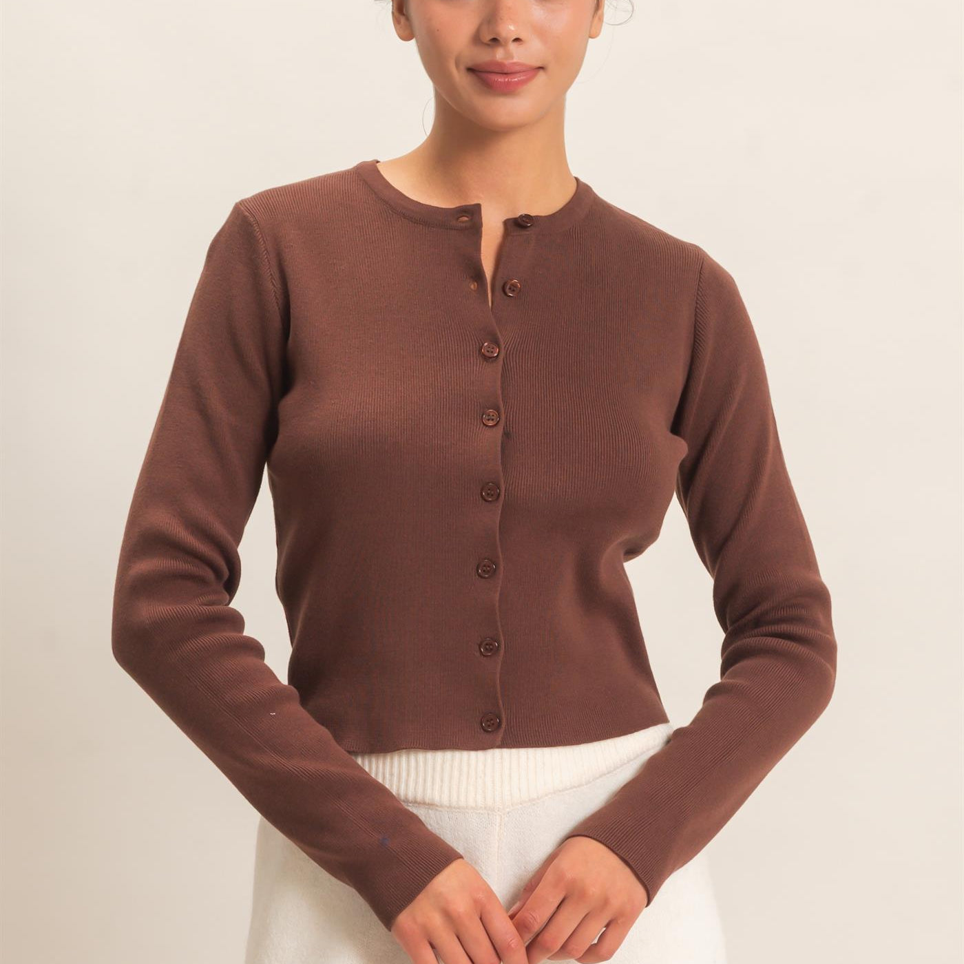 Wholesale Ribbed Crew Neck Cardigan Cardigans DZ27A153 DARK BROWN DOUBLE ZERO