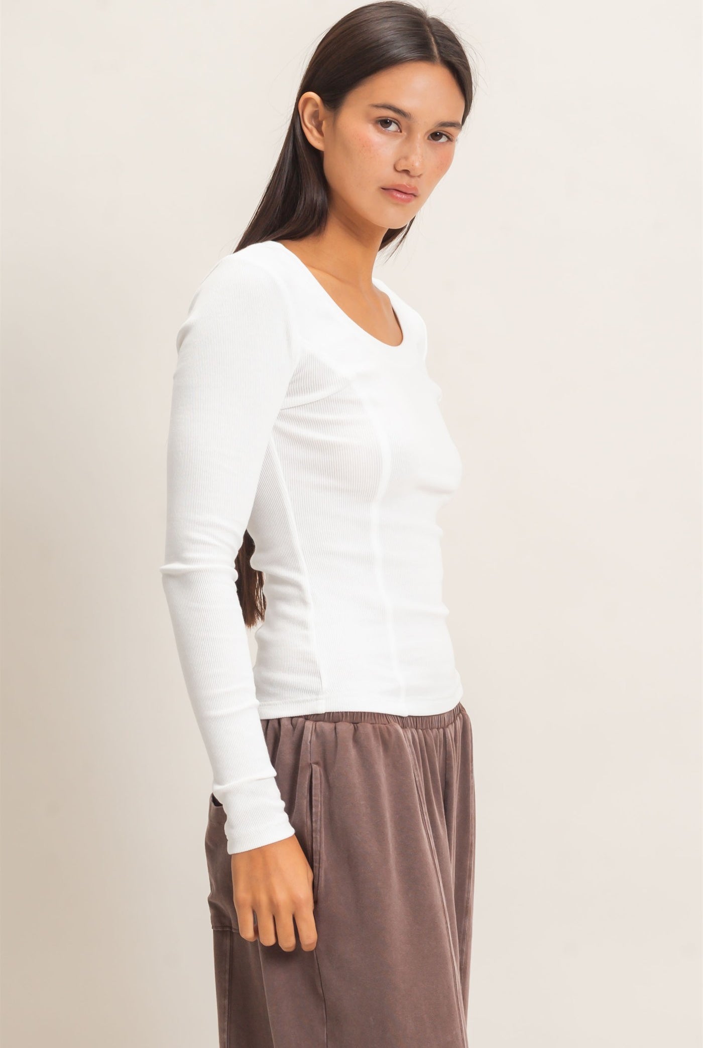 Wholesale Pigment Dye Seam Detail Scoop Neck Top Clothing Tops DZ26E242 WHITE DOUBLE ZERO