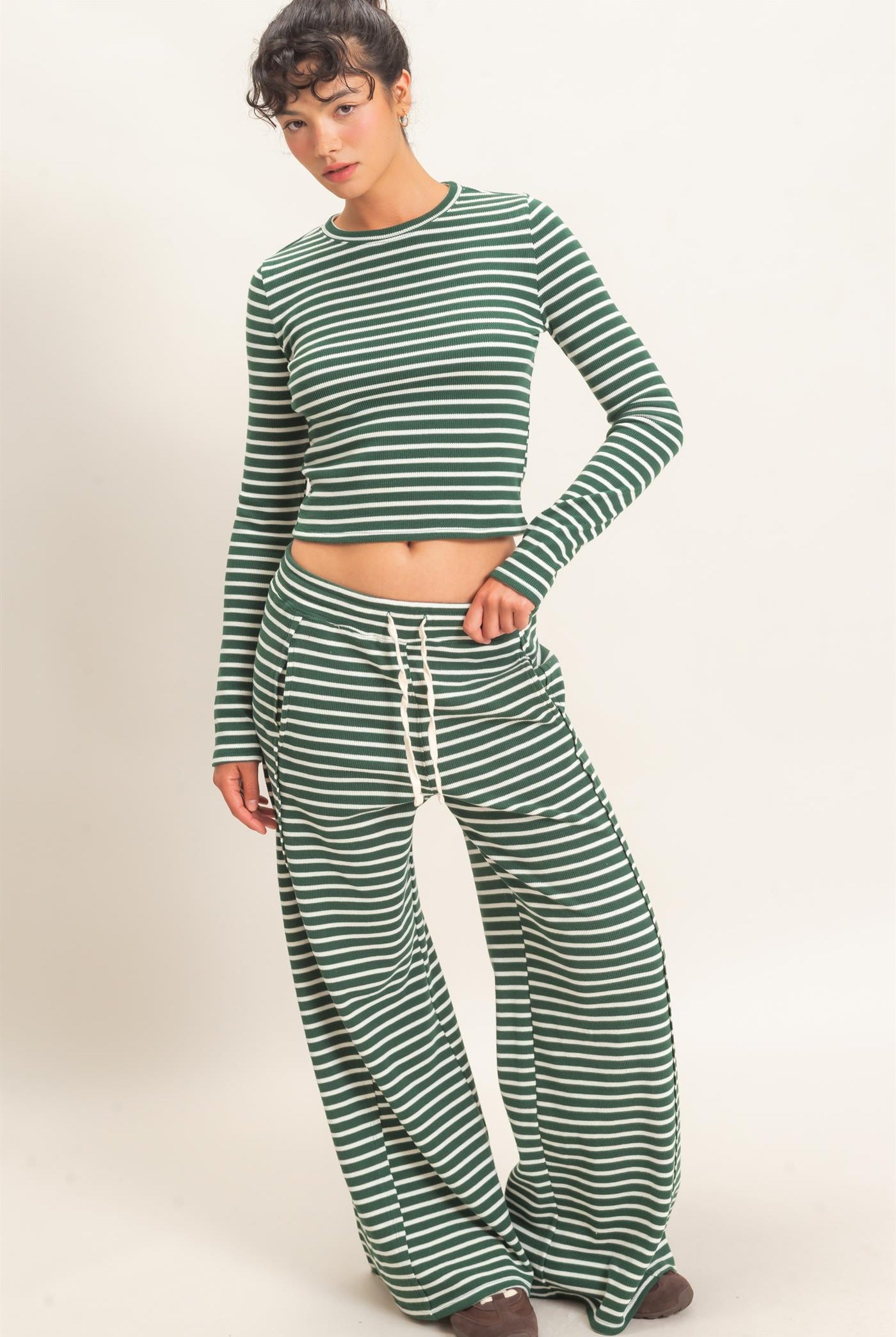 Wholesale Striped Waffle Long Sleeve Top & Pants Set Clothing DZ25F479-SET DARK GREEN DOUBLE ZERO