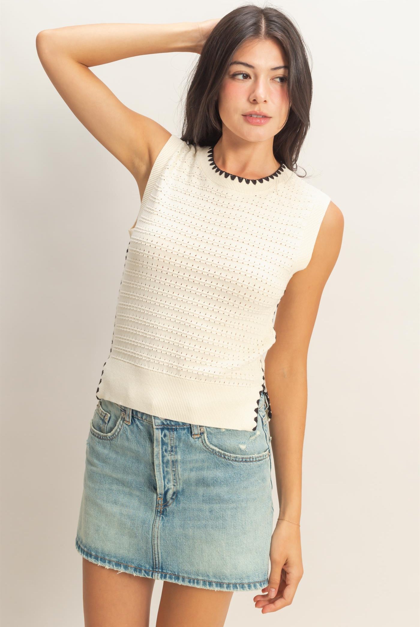Wholesale Eyelet Sleeveless Knit Top Clothing Tops DZ26A617 CREAM DOUBLE ZERO