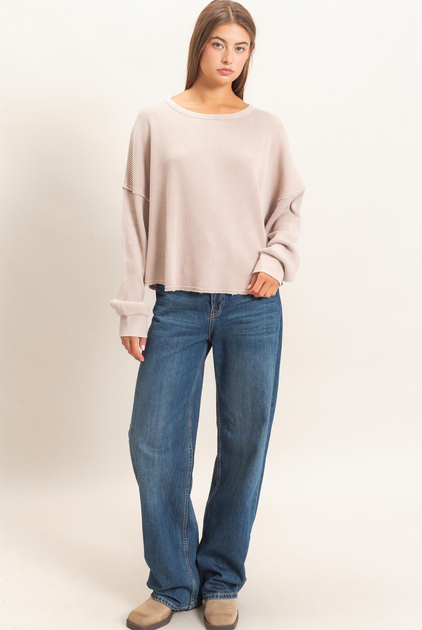 Wholesale Mineral Wash Waffle Oversized Top Clothing Tops DZ26E248 LIGHT TAUPE DOUBLE ZERO