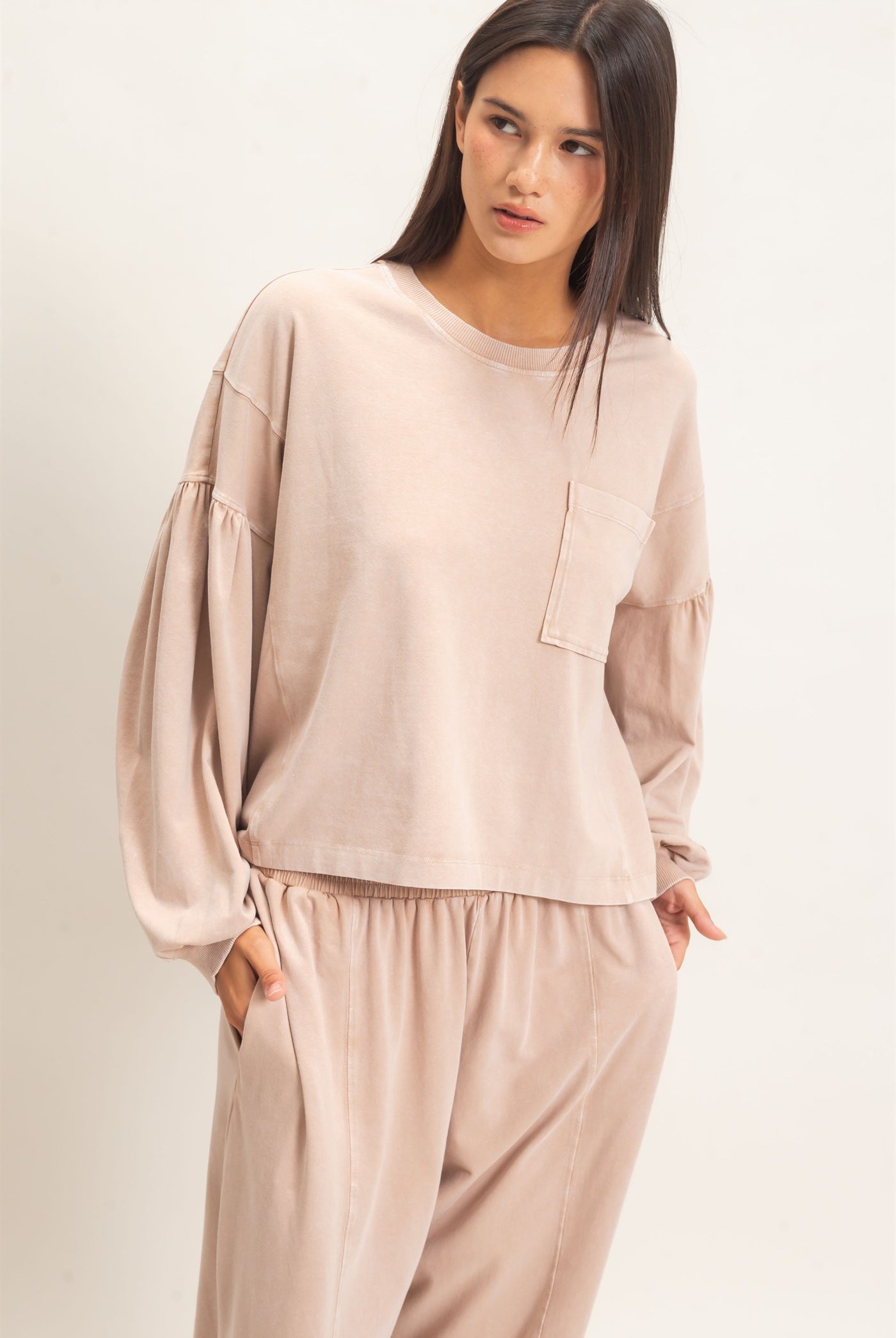 Wholesale Mineral Wash Puff Long Sleeve Boxy Top Clothing Tops DZ26F402 DARK TAUPE DOUBLE ZERO