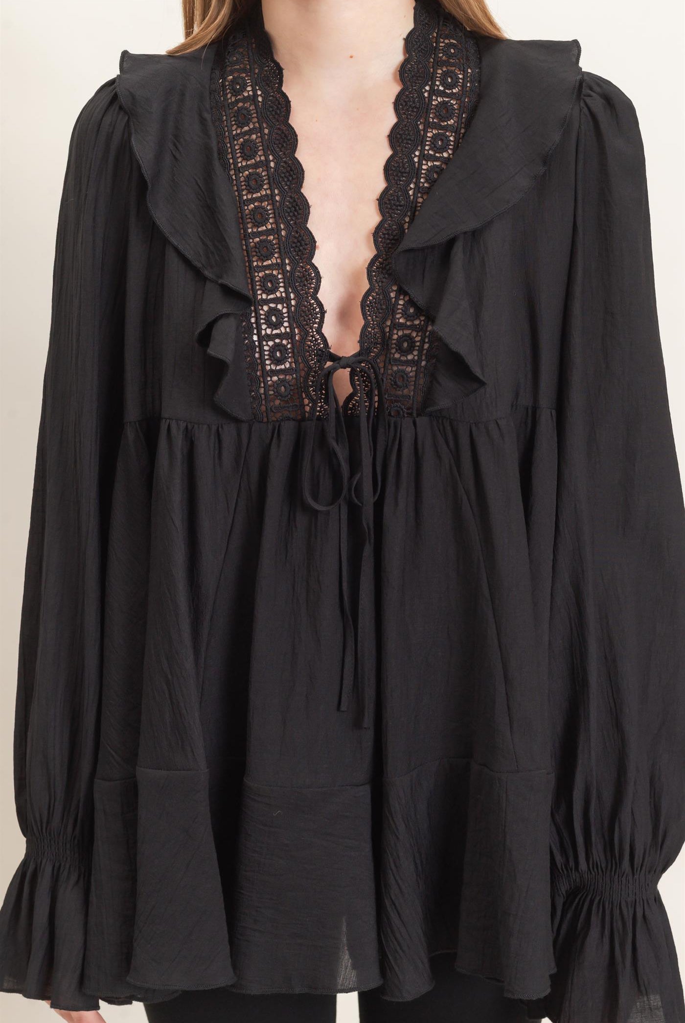 Wholesale Ruffle Lace Tie Neck Blouse Tunics HF26E642 BLACK HYFVE