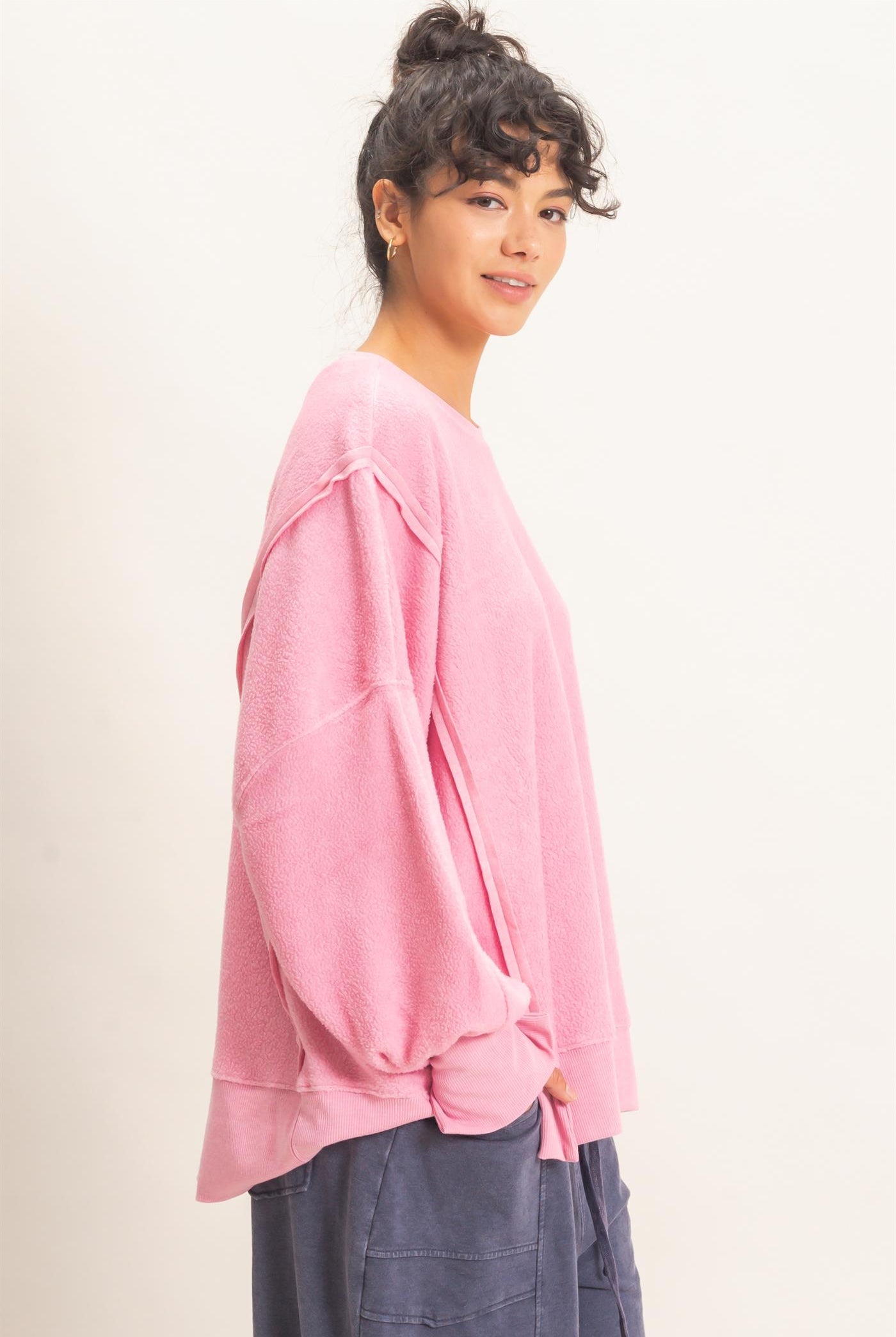 Wholesale Oversized Raw Edge Crew Neck Sweatshirt Sweatshirts DZ26E273 PINK DOUBLE ZERO