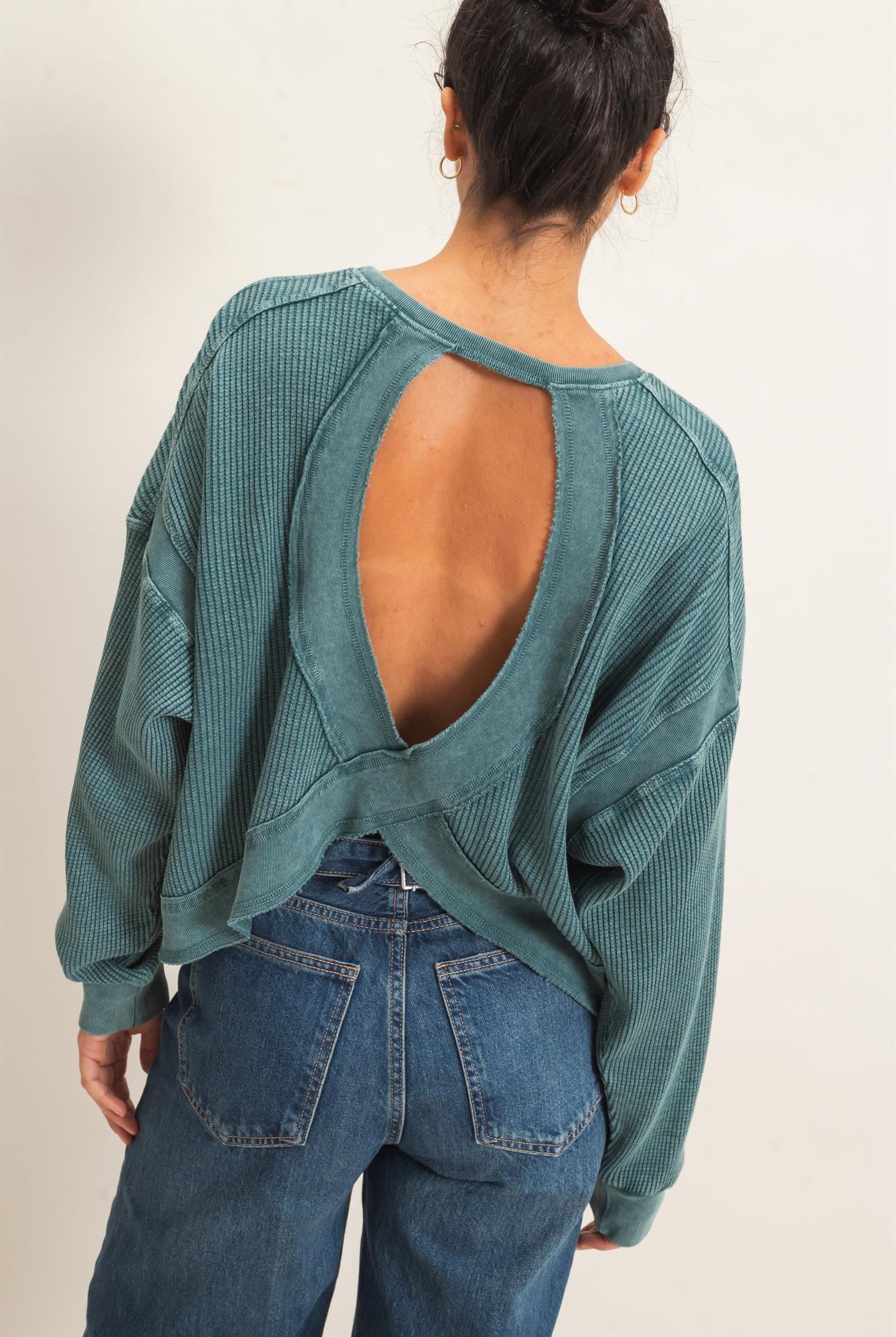 Wholesale Mineral Wash Waffle Open Back Top Clothing Tops DZ26C964 DARK TEAL DOUBLE ZERO