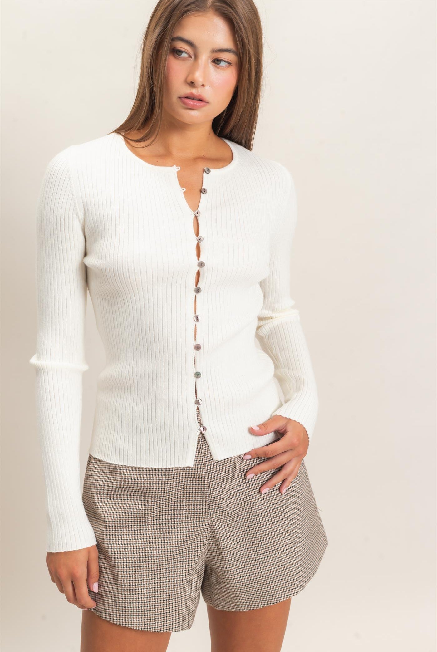Wholesale Ribbed Button Front Cardigan Cardigans DZ26E322 CREAM DOUBLE ZERO