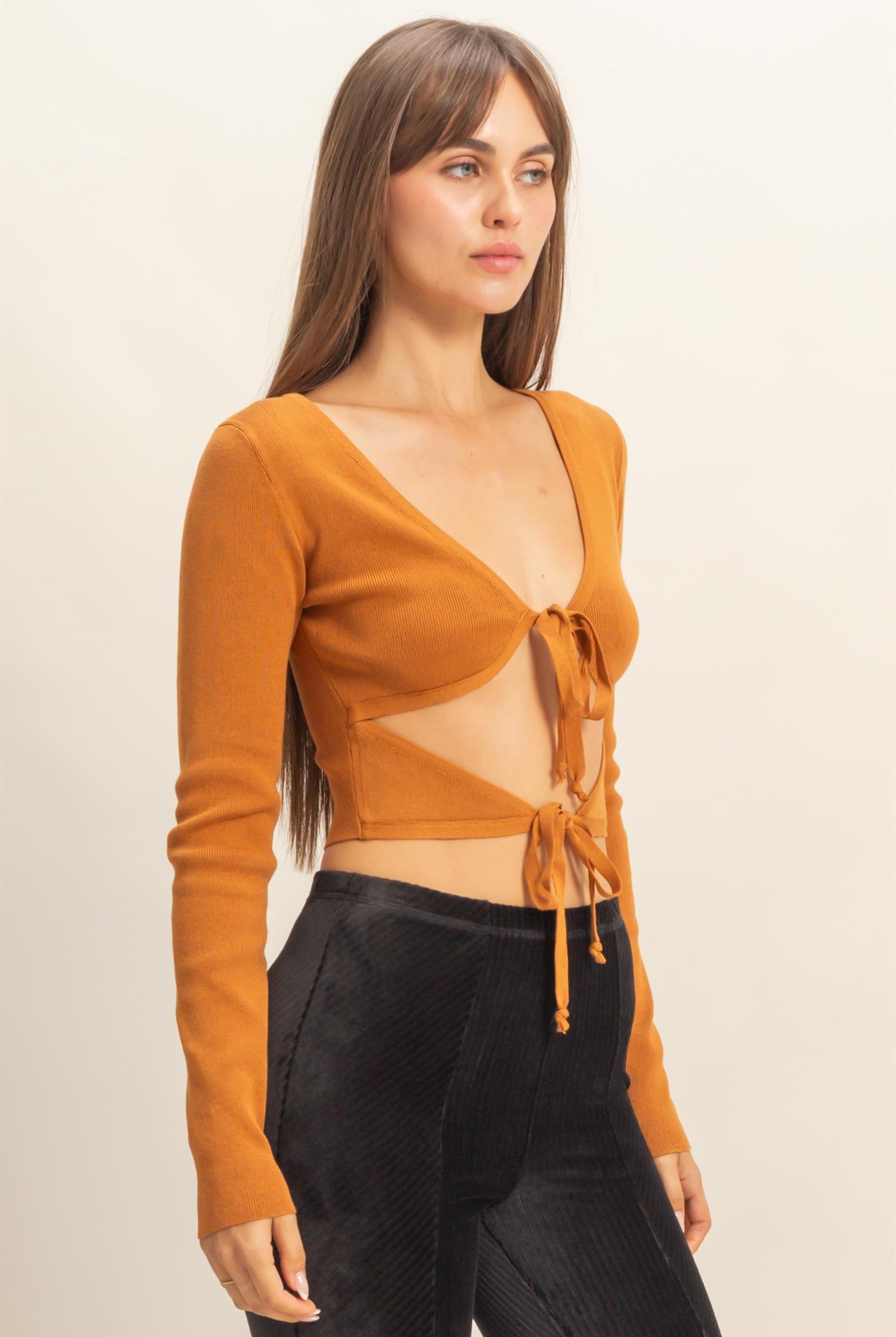 Wholesale Double Tie Cutout Crop Top Clothing Tops HF22C905 CAMEL HYFVE