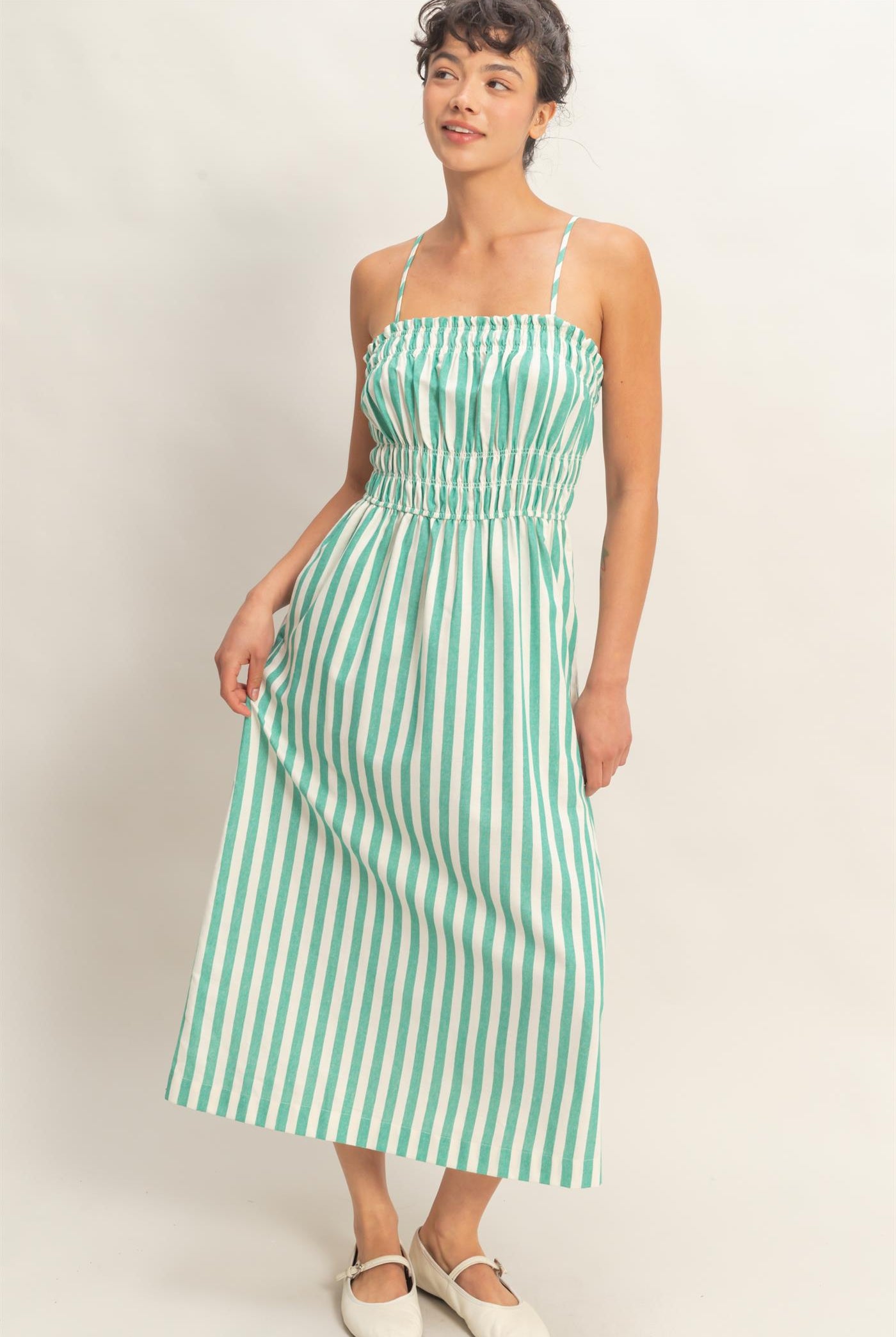 Wholesale Striped Spaghetti Strap Smocking Midi Dress Dresses DZ26C191 GREEN DOUBLE ZERO