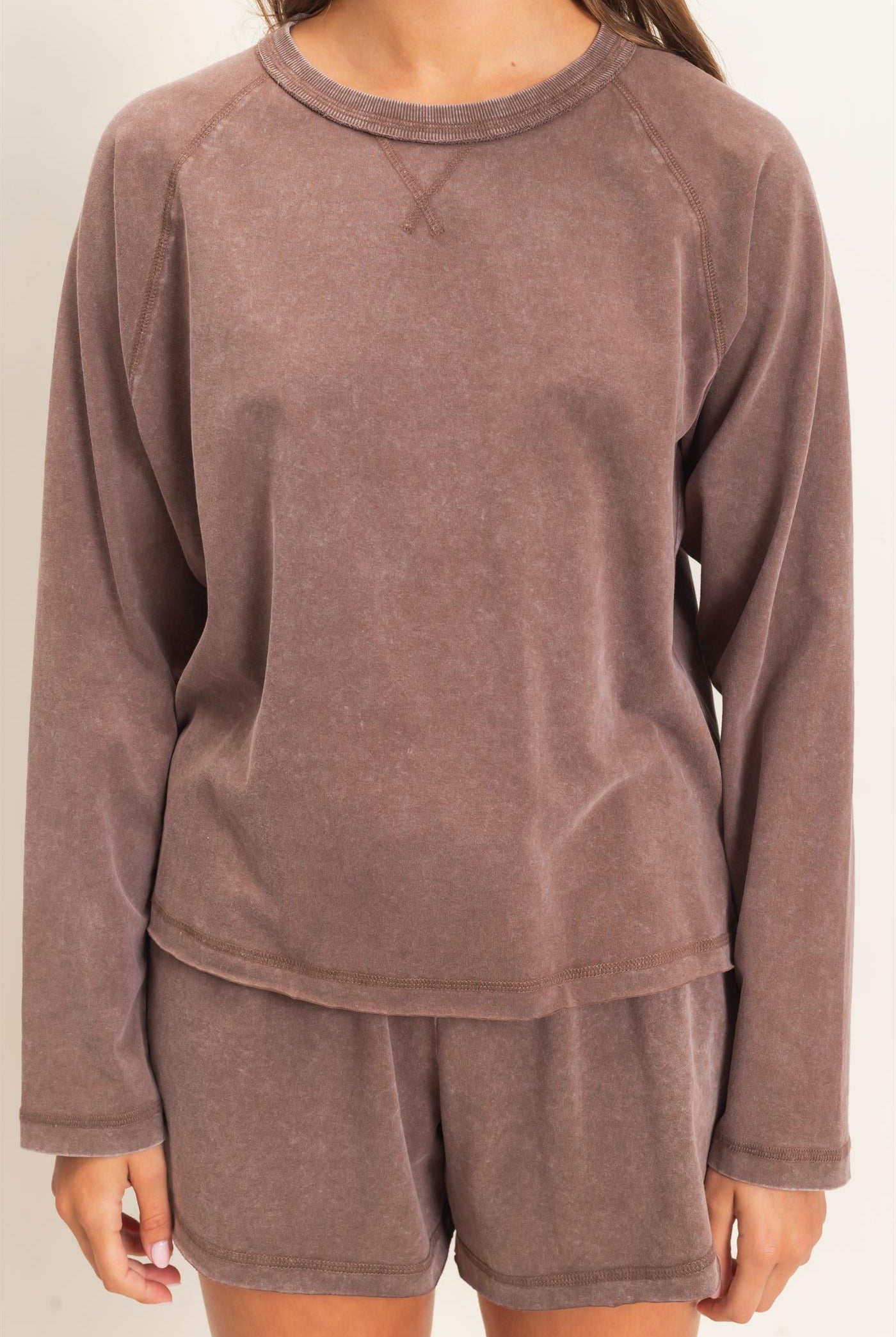 Wholesale Mineral Wash Long Sleeve Raw Edge Top & Shorts Set Clothing DZ26F403-SET DARK BROWN DOUBLE ZERO