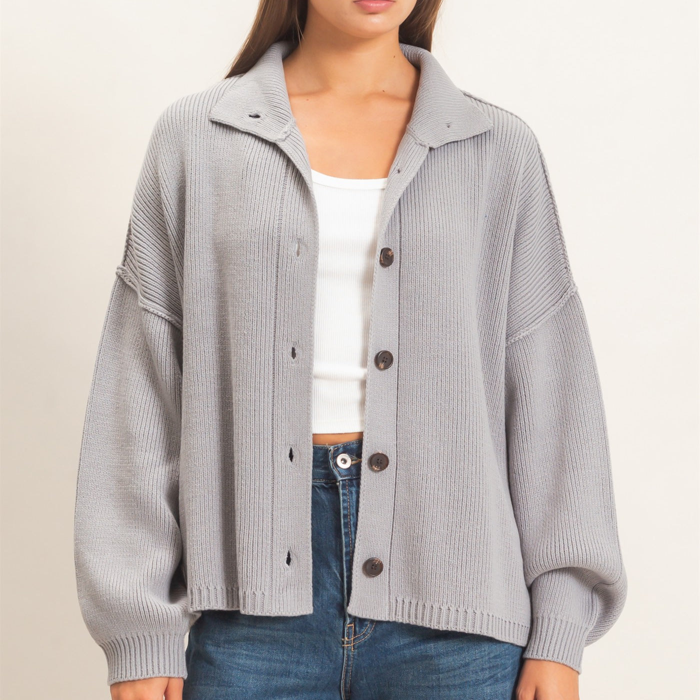 Wholesale High Neck Oversized Cardigan Cardigans DZ26E280 GRAY DOUBLE ZERO