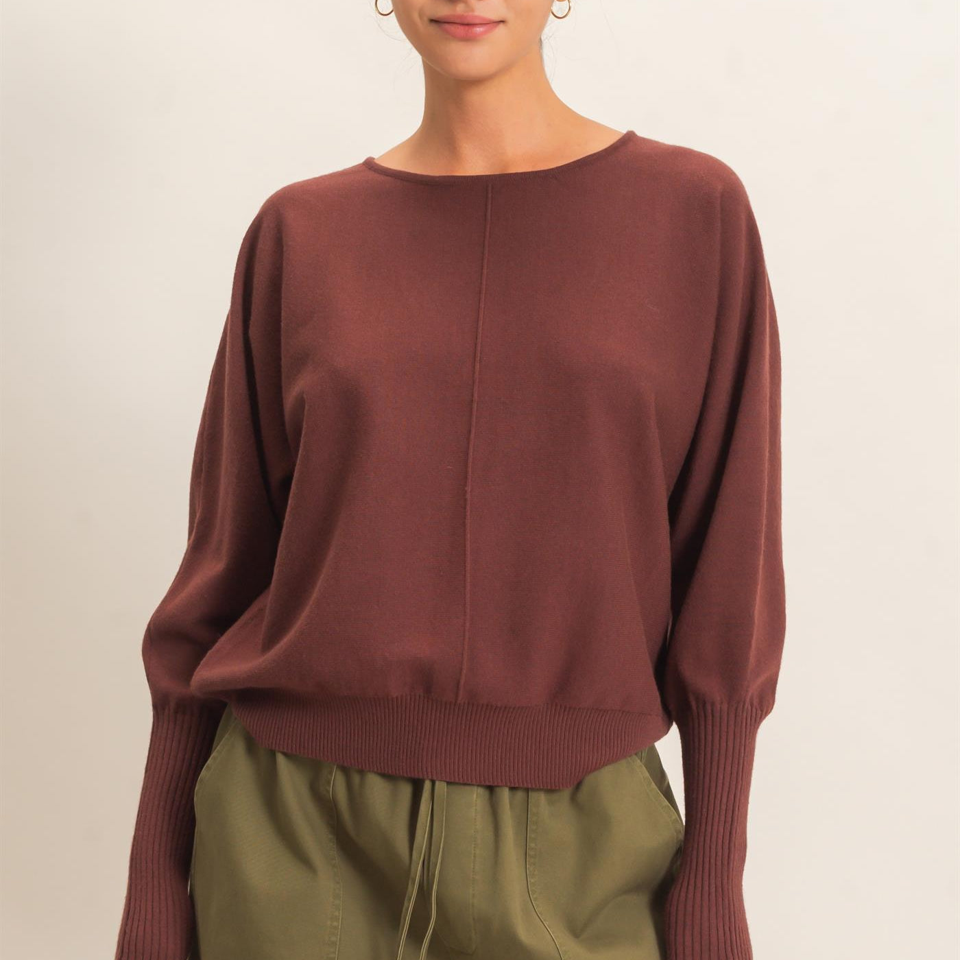 Wholesale Batwing Sleeve Center Seam Sweater Sweaters DZ26E079 DARK BROWN DOUBLE ZERO