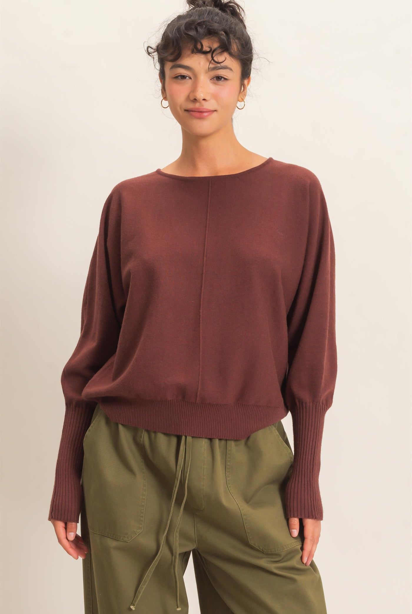Wholesale Batwing Sleeve Center Seam Sweater Sweaters DZ26E079 DARK BROWN DOUBLE ZERO