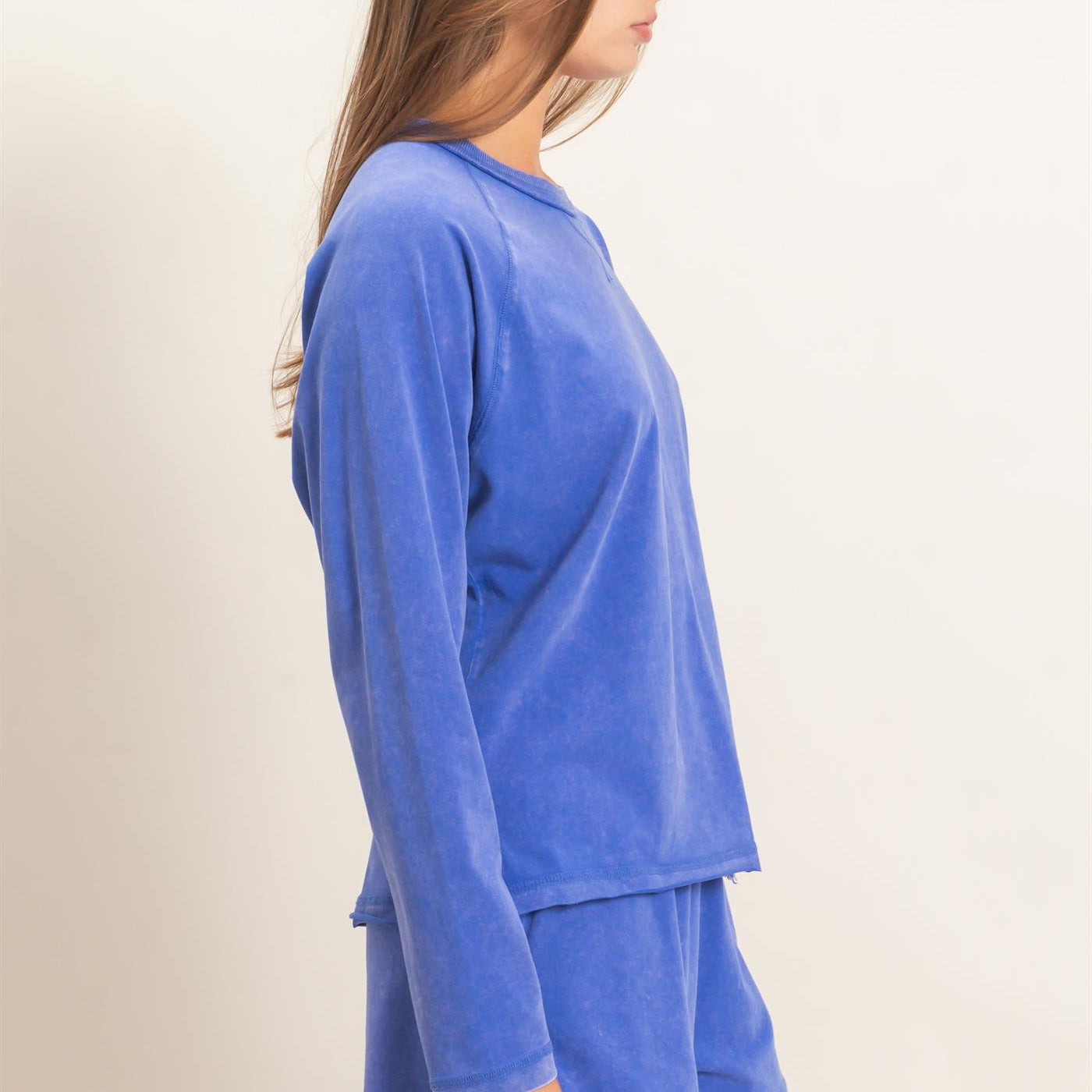 Wholesale Mineral Wash Long Sleeve Raw Edge Top & Shorts Set Clothing DZ26F403-SET COBALT DOUBLE ZERO