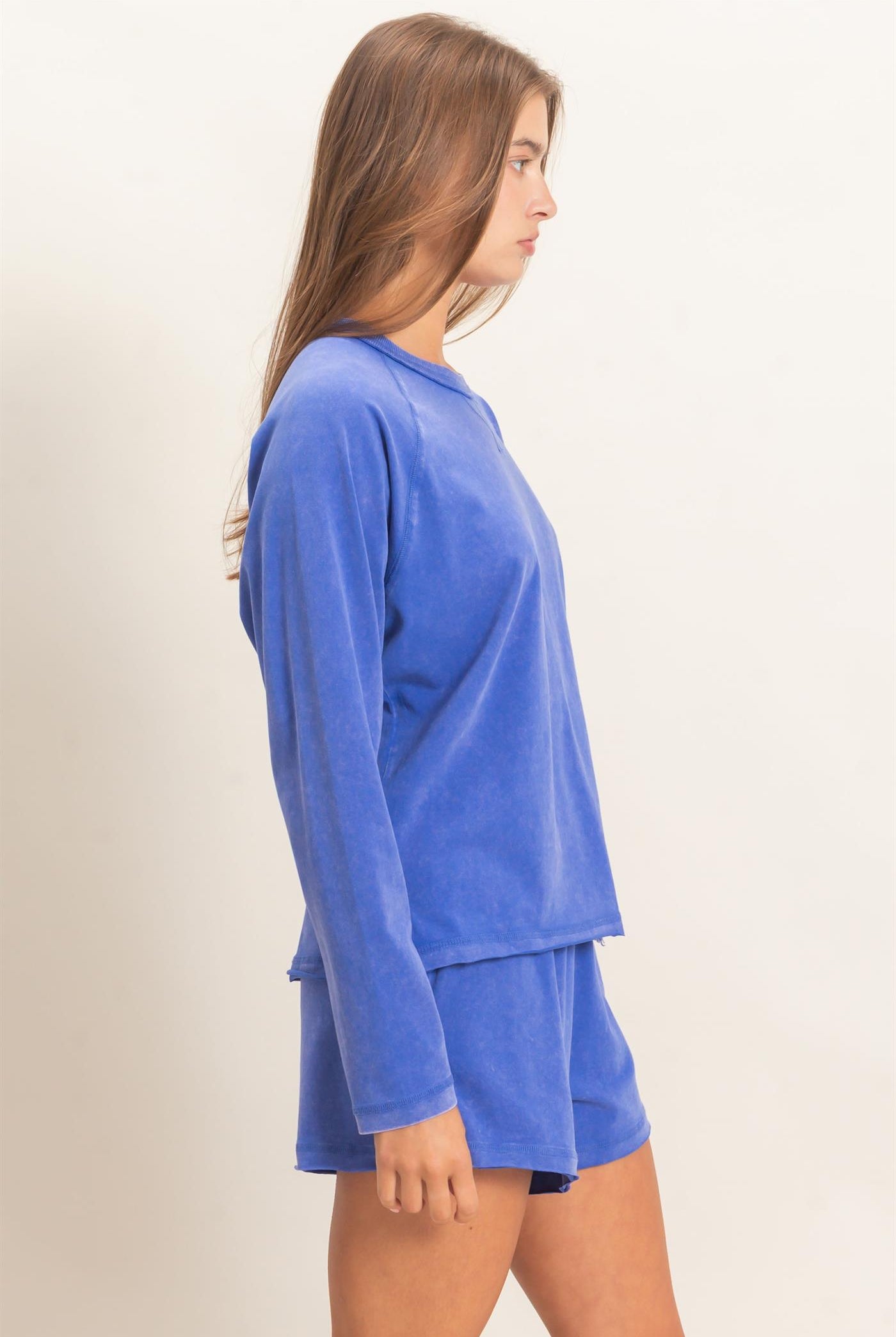 Wholesale Mineral Wash Long Sleeve Raw Edge Top & Shorts Set Clothing DZ26F403-SET COBALT DOUBLE ZERO