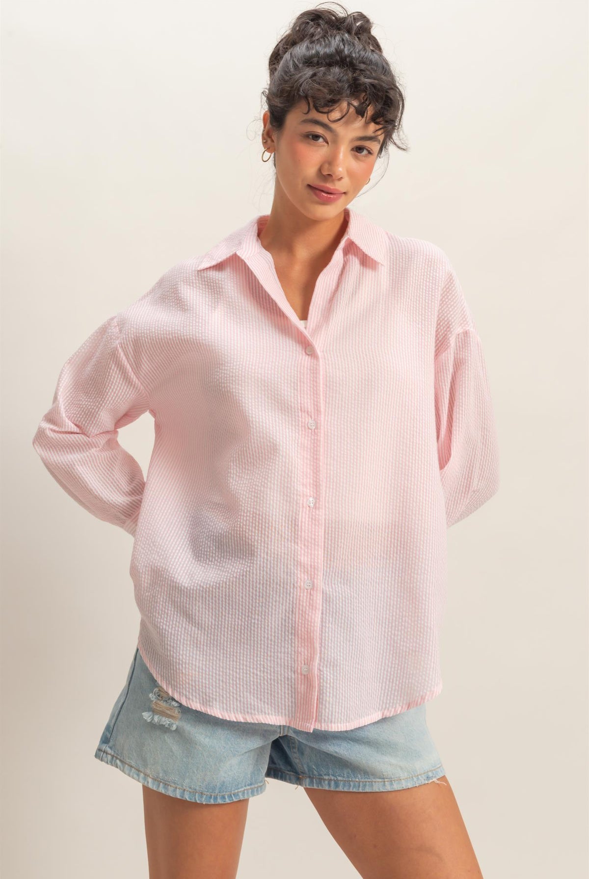 Wholesale Striped Button-Up Shirt Shirts DZ26A737 PINK DOUBLE ZERO