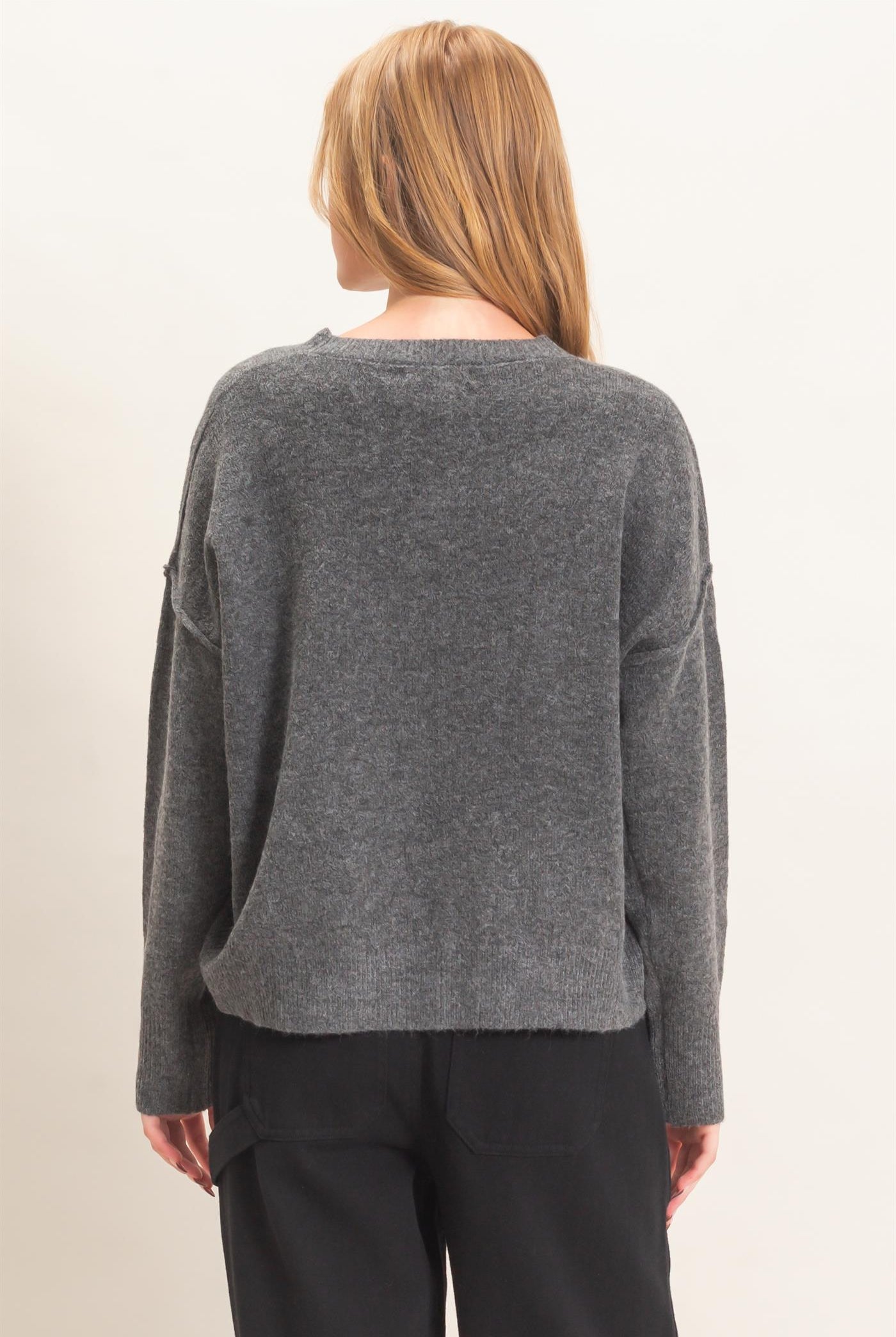 Wholesale Crew Neck Sweater With Ribbed Hem Sweaters HF26E203-D CHARCOAL HYFVE