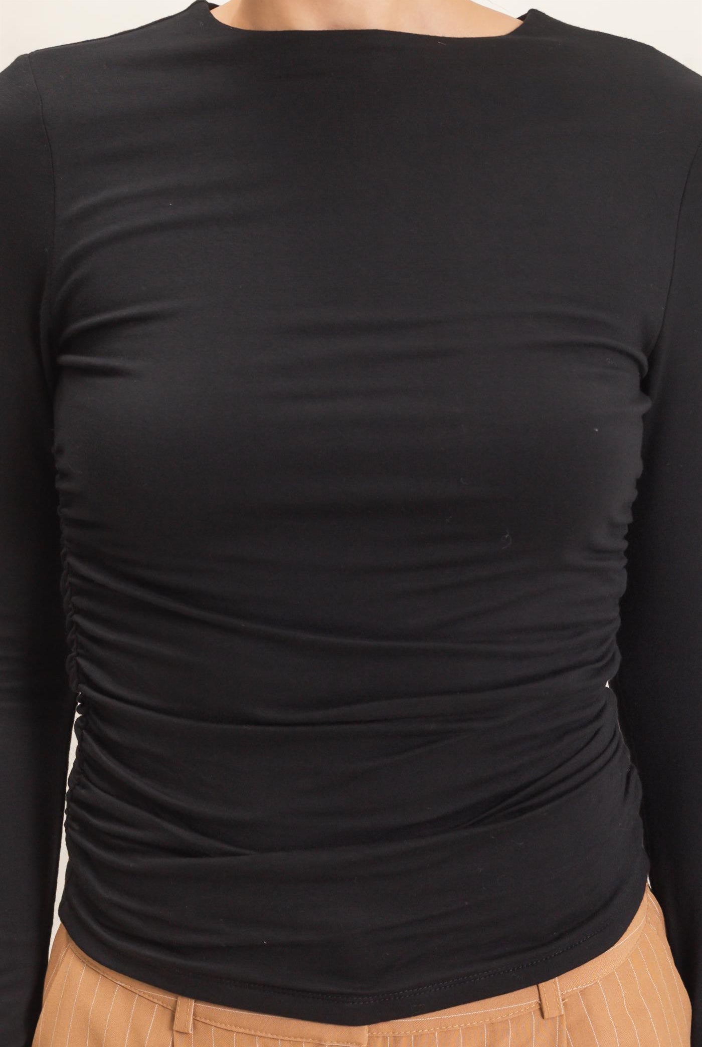Wholesale Ruched Long Sleeve Top Clothing Tops HF26E776 BLACK HYFVE