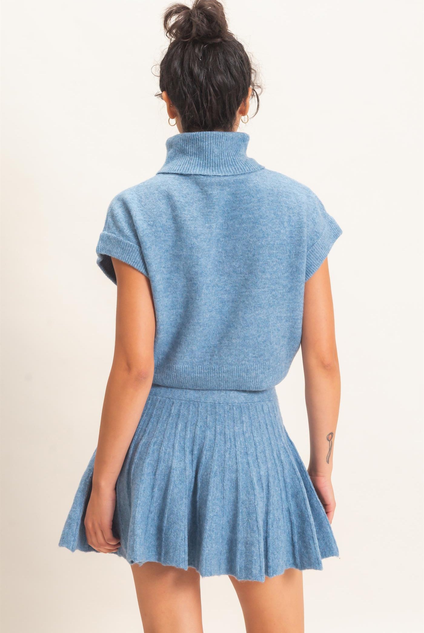 Wholesale Turtleneck Crop Top And Pleated Skirt Set Clothing DZ26C981-SET DUSTY BLUE DOUBLE ZERO