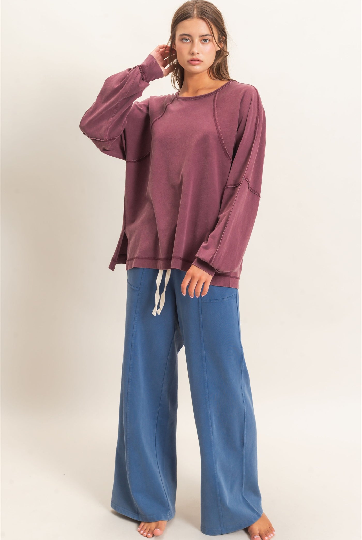 Wholesale Raglan Sleeve Snow Wash Top Shirts DZ26E945 DARK CHERRY DOUBLE ZERO