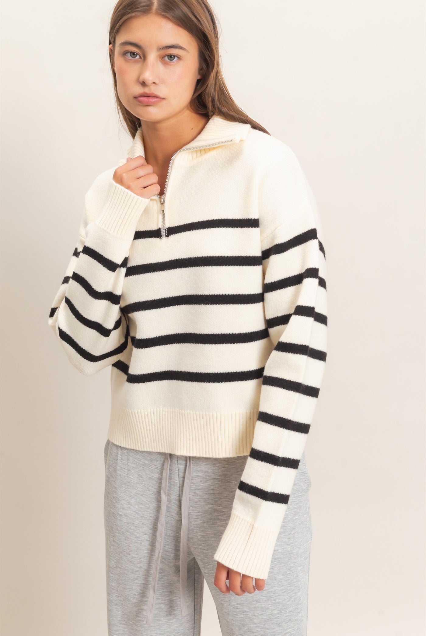 Wholesale Half-Zip Collared Stripe Sweater Sweaters DZ26E950 CREAM DOUBLE ZERO