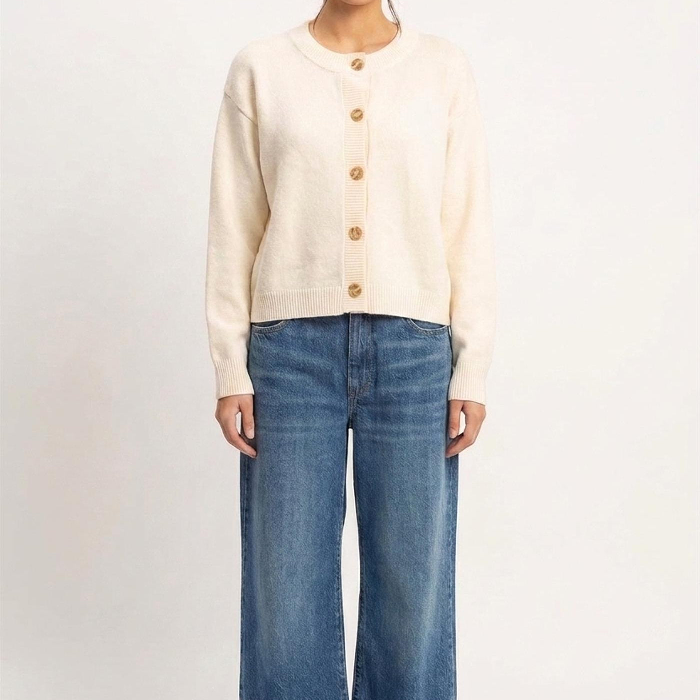 Wholesale Crew Neck Button Front Cardigan Cardigans DZ26E639 CREAM DOUBLE ZERO
