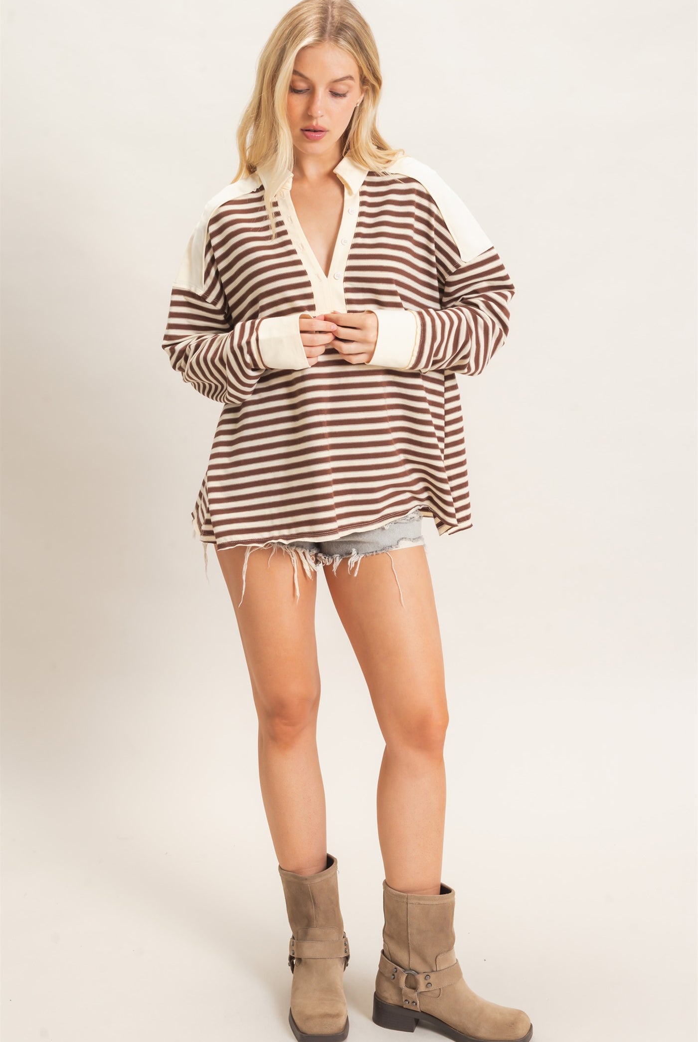 Wholesale Striped Henley Sweatshirt Clothing Tops HF26F089 CHESTNUT HYFVE