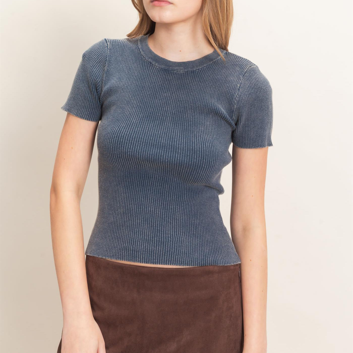 Wholesale Ribbed Crew Neck Top Clothing Tops HF26E473 DARK NAVY HYFVE
