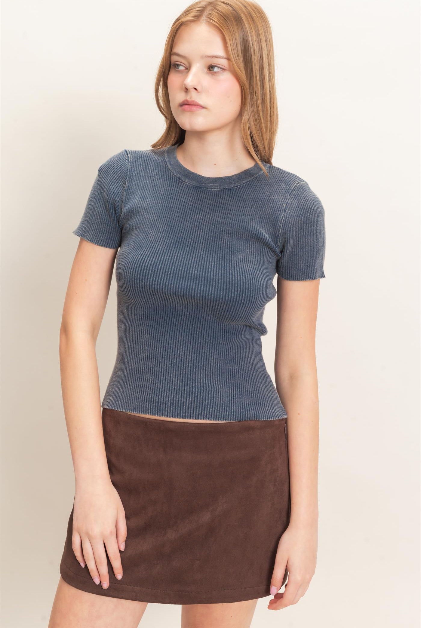 Wholesale Ribbed Crew Neck Top Clothing Tops HF26E473 DARK NAVY HYFVE