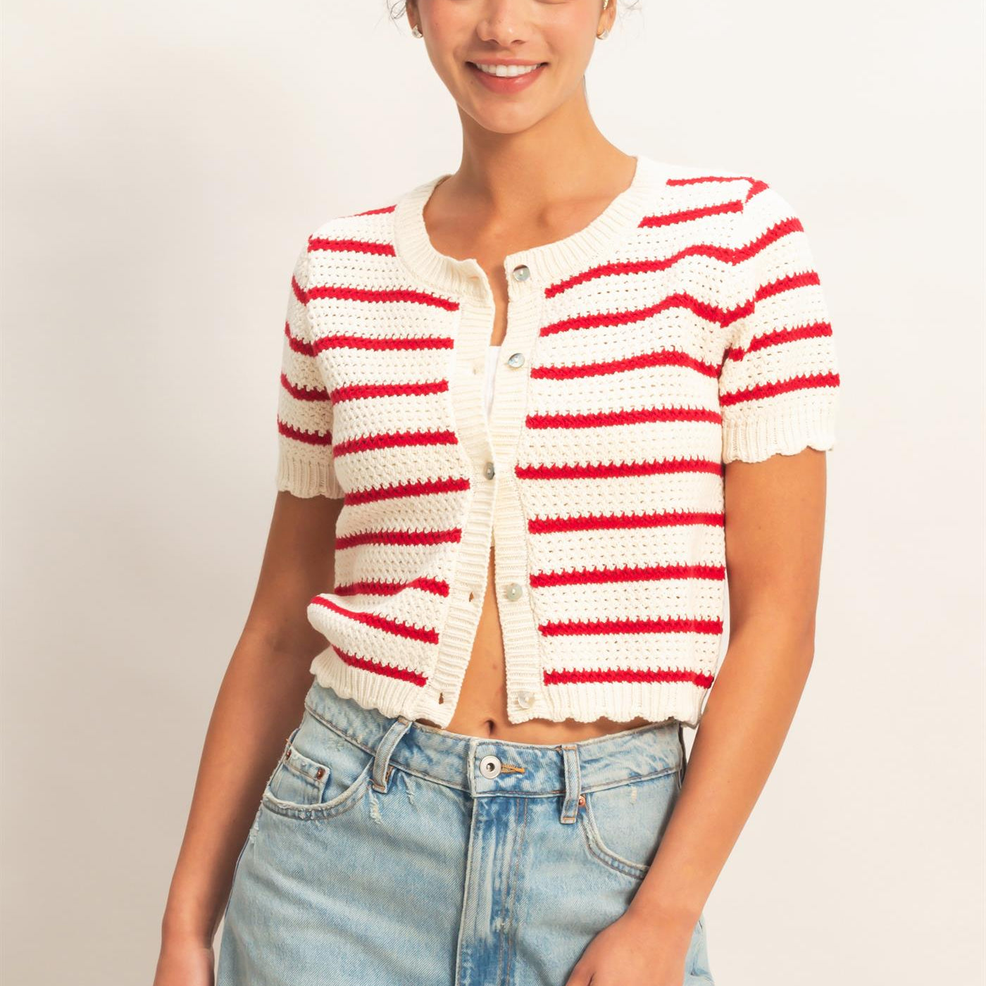 Wholesale Striped Short Sleeve Cardigan With Scallop Edge Cardigans DZ26A605 RED DOUBLE ZERO