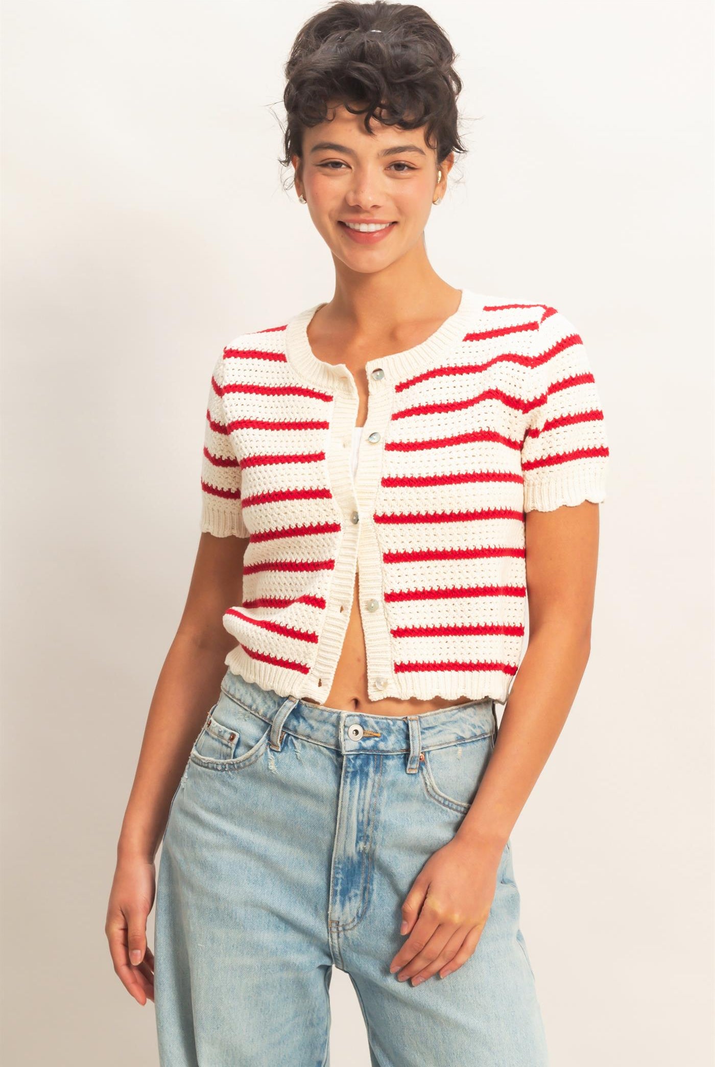 Wholesale Striped Short Sleeve Cardigan With Scallop Edge Cardigans DZ26A605 RED DOUBLE ZERO