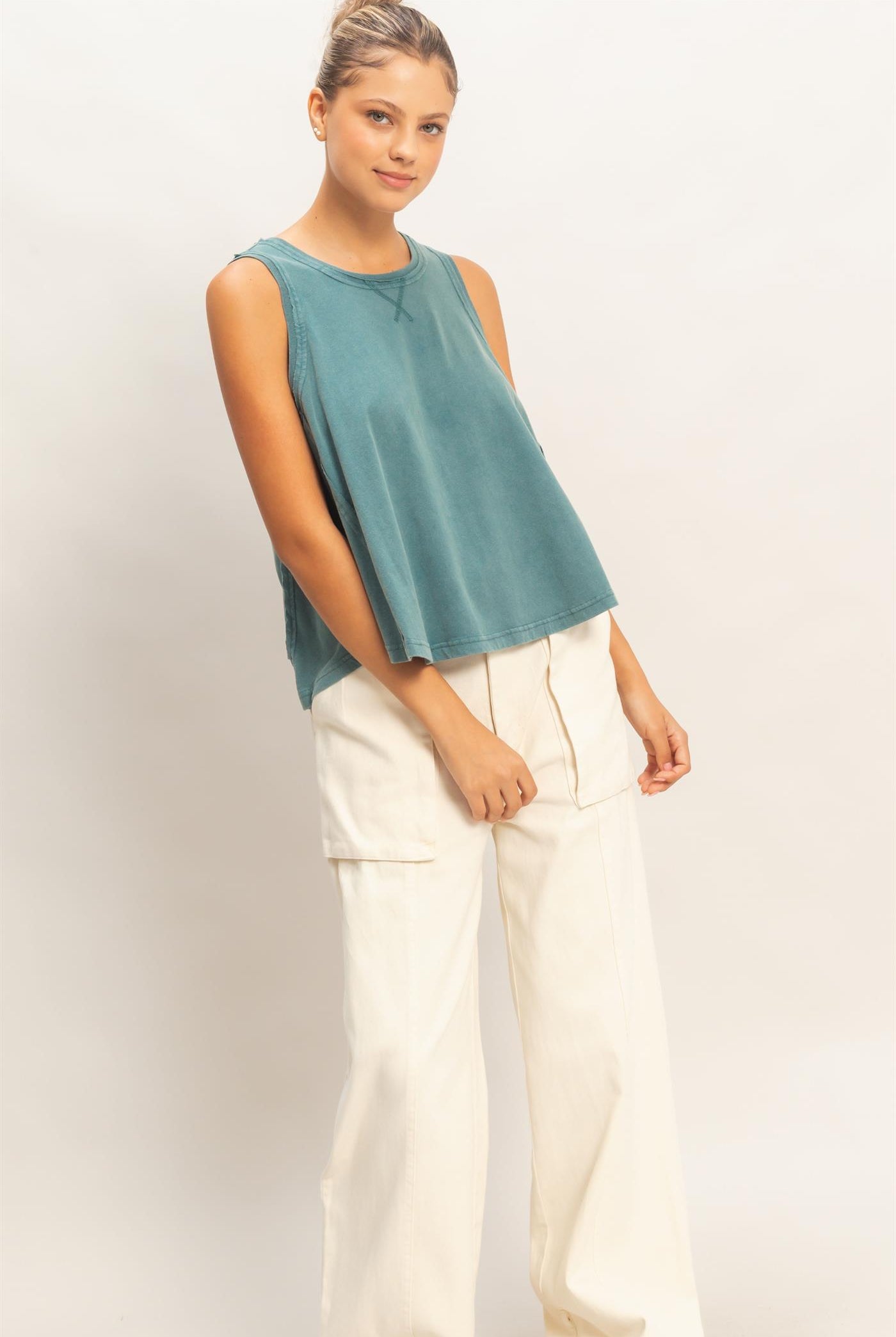 Wholesale Raw Edge Details Sleeveless Washed Top Clothing Tops DZ26E278 DARK TEAL DOUBLE ZERO