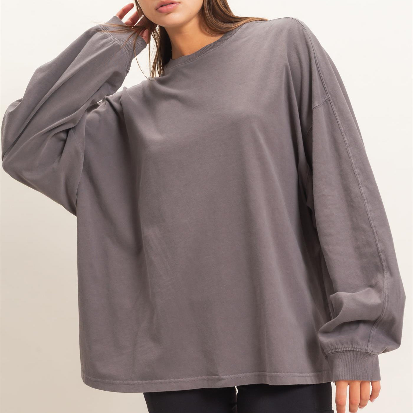 Wholesale Pigment Dye Oversized Long Sleeve Top Clothing Tops DZ26A825 CHARCOAL DOUBLE ZERO