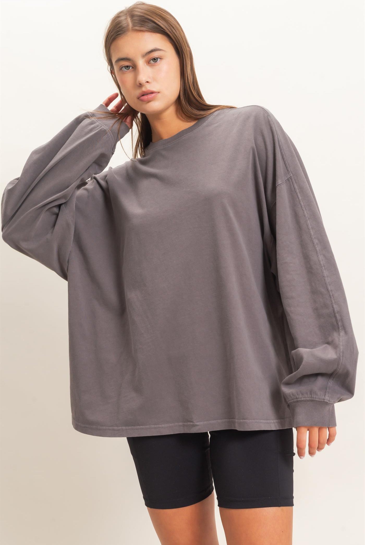 Wholesale Pigment Dye Oversized Long Sleeve Top Clothing Tops DZ26A825 CHARCOAL DOUBLE ZERO