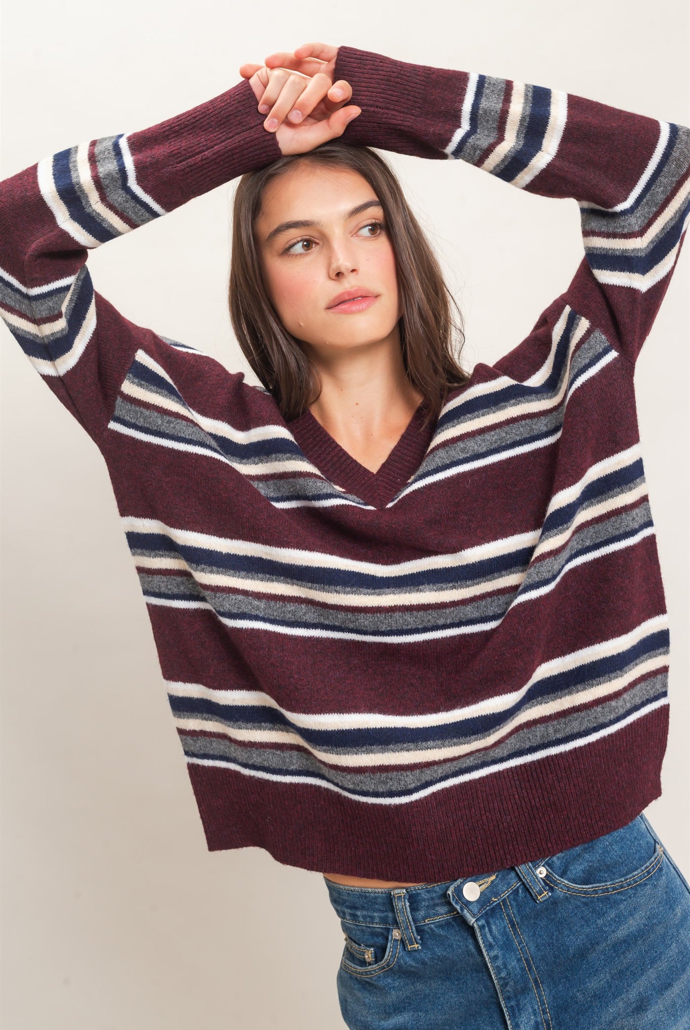 Wholesale V-Neck Striped Sweater Sweaters HF26E476 WINE HYFVE