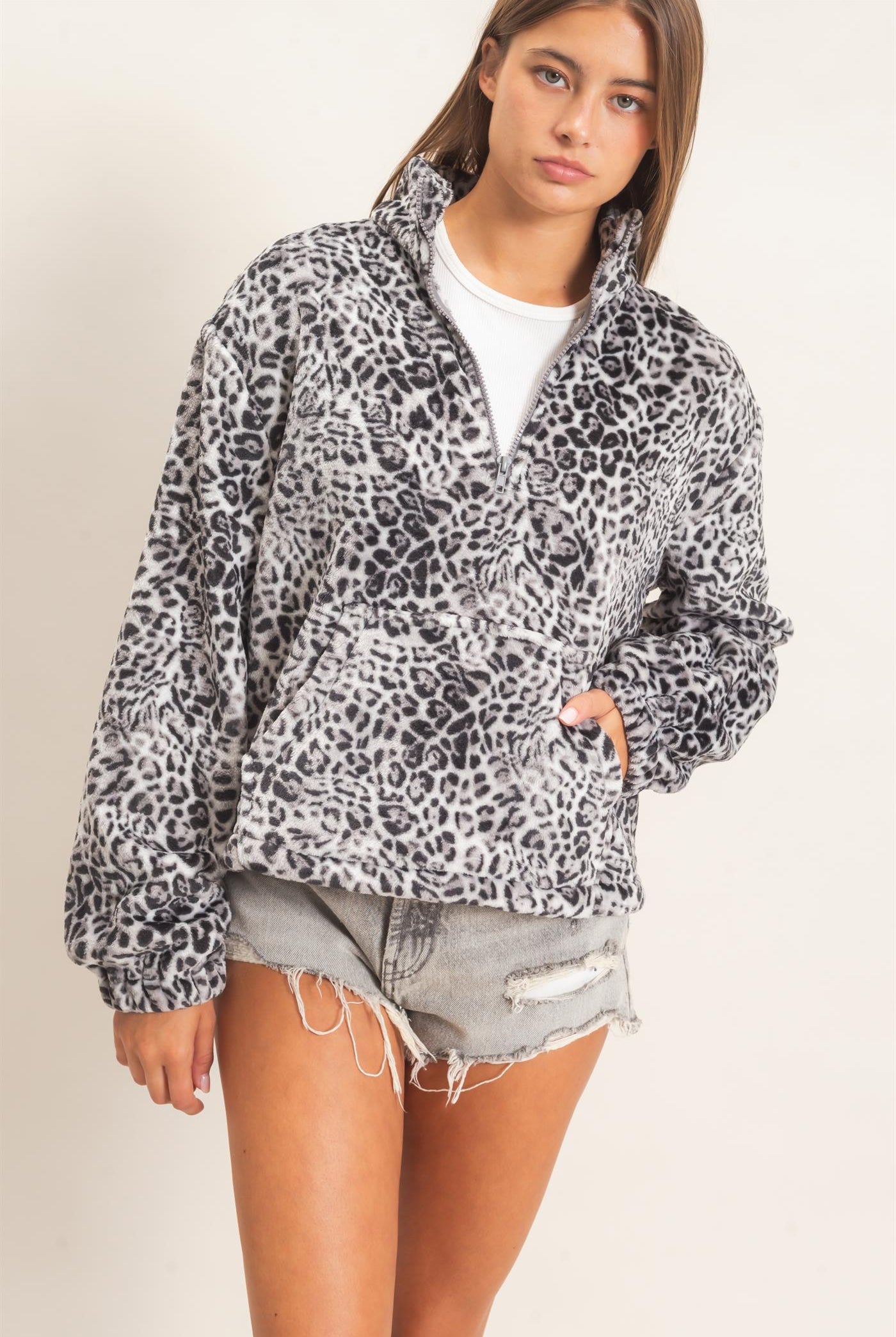 Wholesale Leopard Print Fleece Half Zip Pullover Sweaters DZ26E830 GRAY DOUBLE ZERO