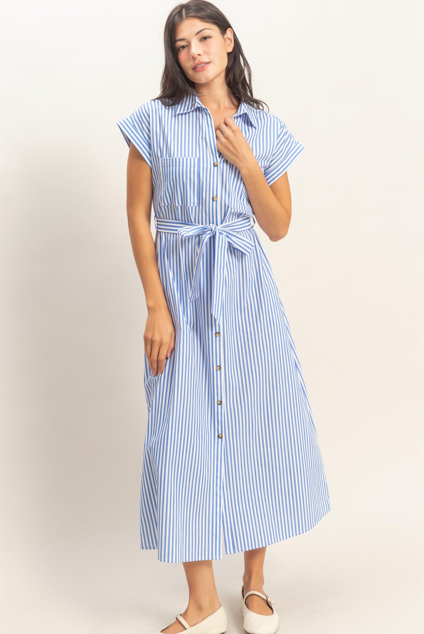Wholesale Striped Poplin Belted Shirt Dress With Pockets Dresses DZ26C129 BLUE DOUBLE ZERO