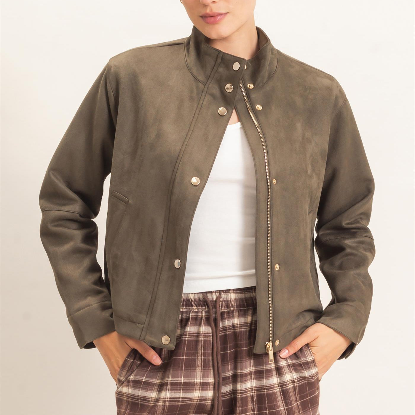 Wholesale Collar Suede Snap Jacket Coats & Jackets HF26E373 OLIVE HYFVE
