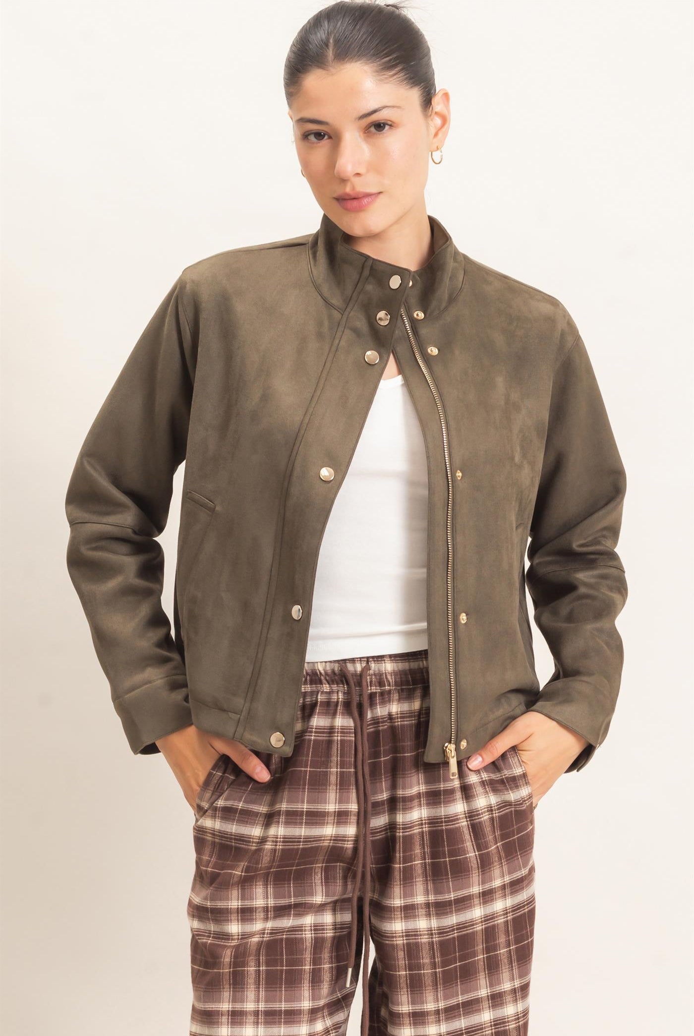 Wholesale Collar Suede Snap Jacket Coats & Jackets HF26E373 OLIVE HYFVE