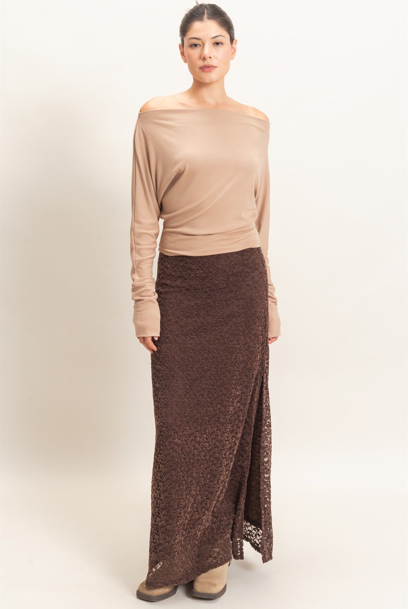 Wholesale Velvet Lace Maxi Skirt Skirts HF26E702 CHOCOLATE HYFVE