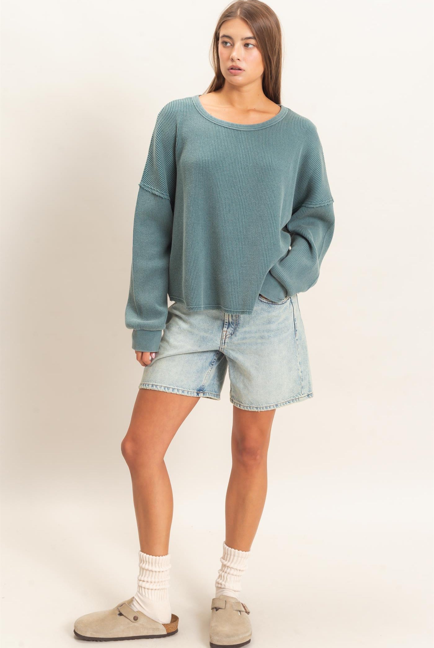 Wholesale Mineral Wash Waffle Oversized Top Clothing Tops DZ26E248 DARK TEAL DOUBLE ZERO