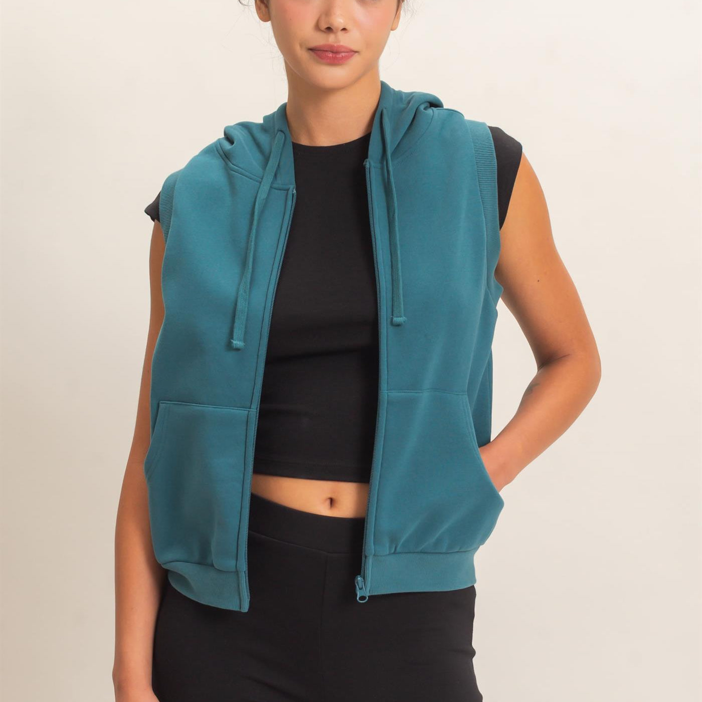 Wholesale Sleeveless Zip Up Hoodie Hoodies DZ26E330 DARK TEAL DOUBLE ZERO
