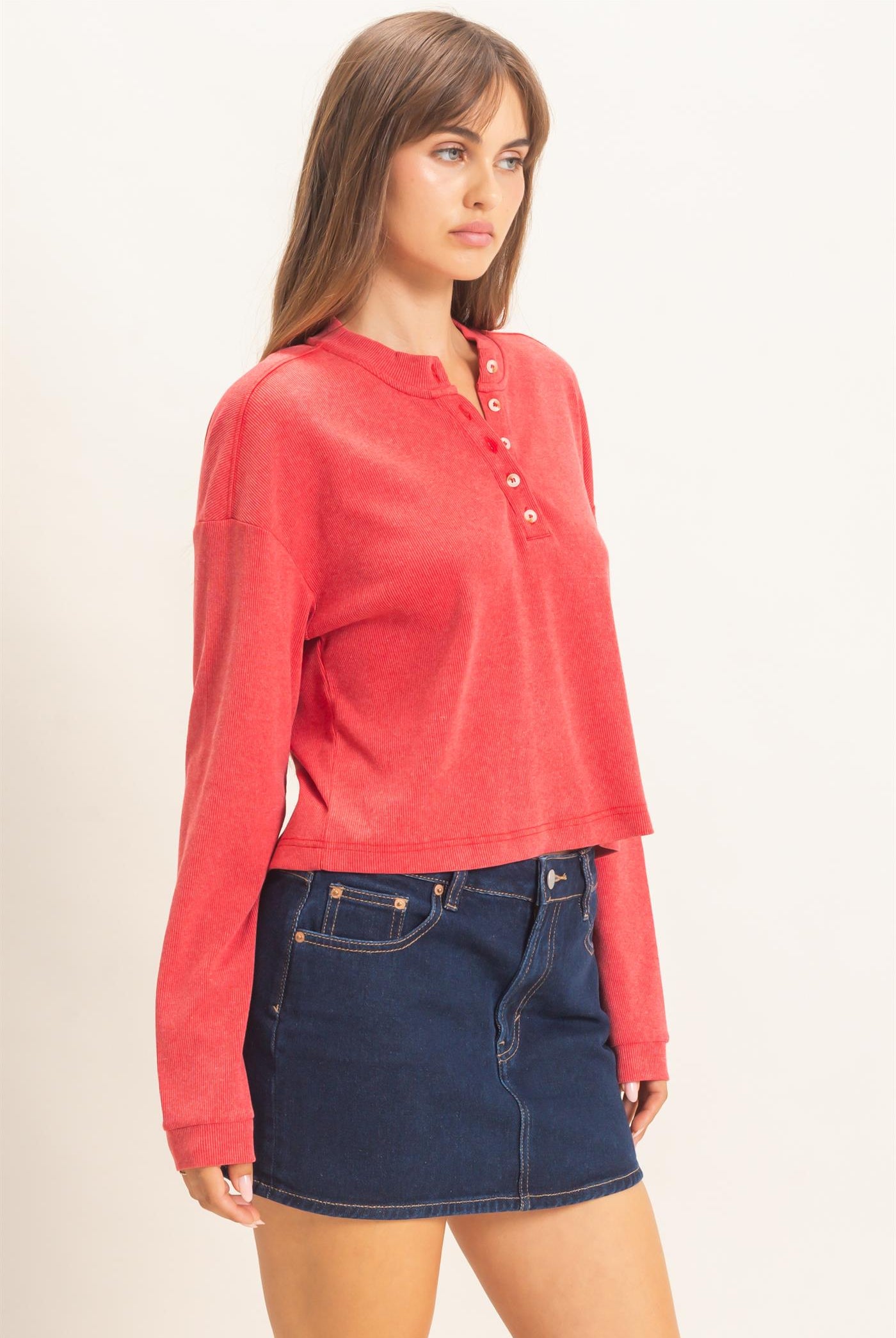 Wholesale Buttoned Henley Top Clothing Tops HF26F081 RED HYFVE
